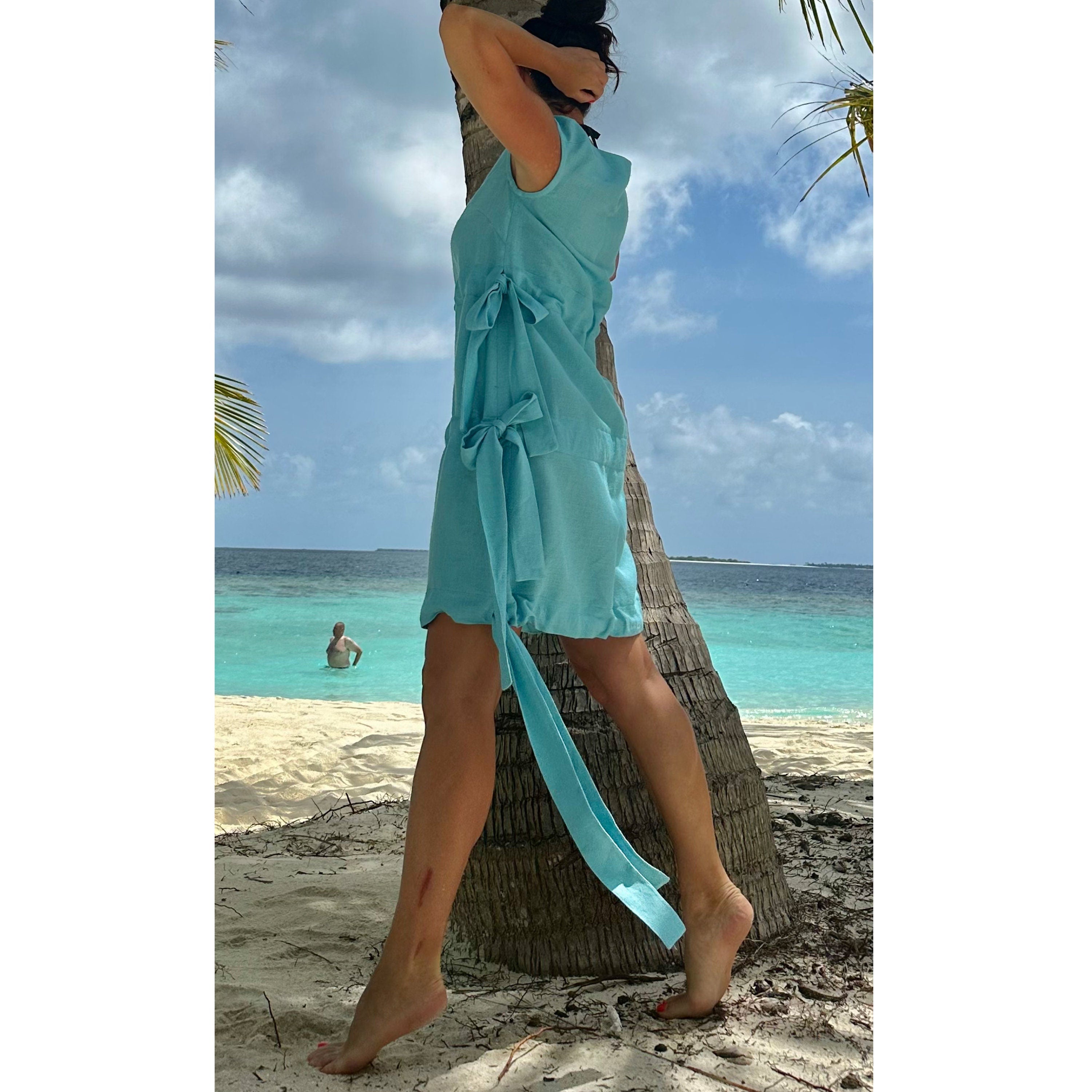 Women’s Light Blue Linen Dress – Sleeveless Summer Tunic with Side Ties / Beachwear Resort
