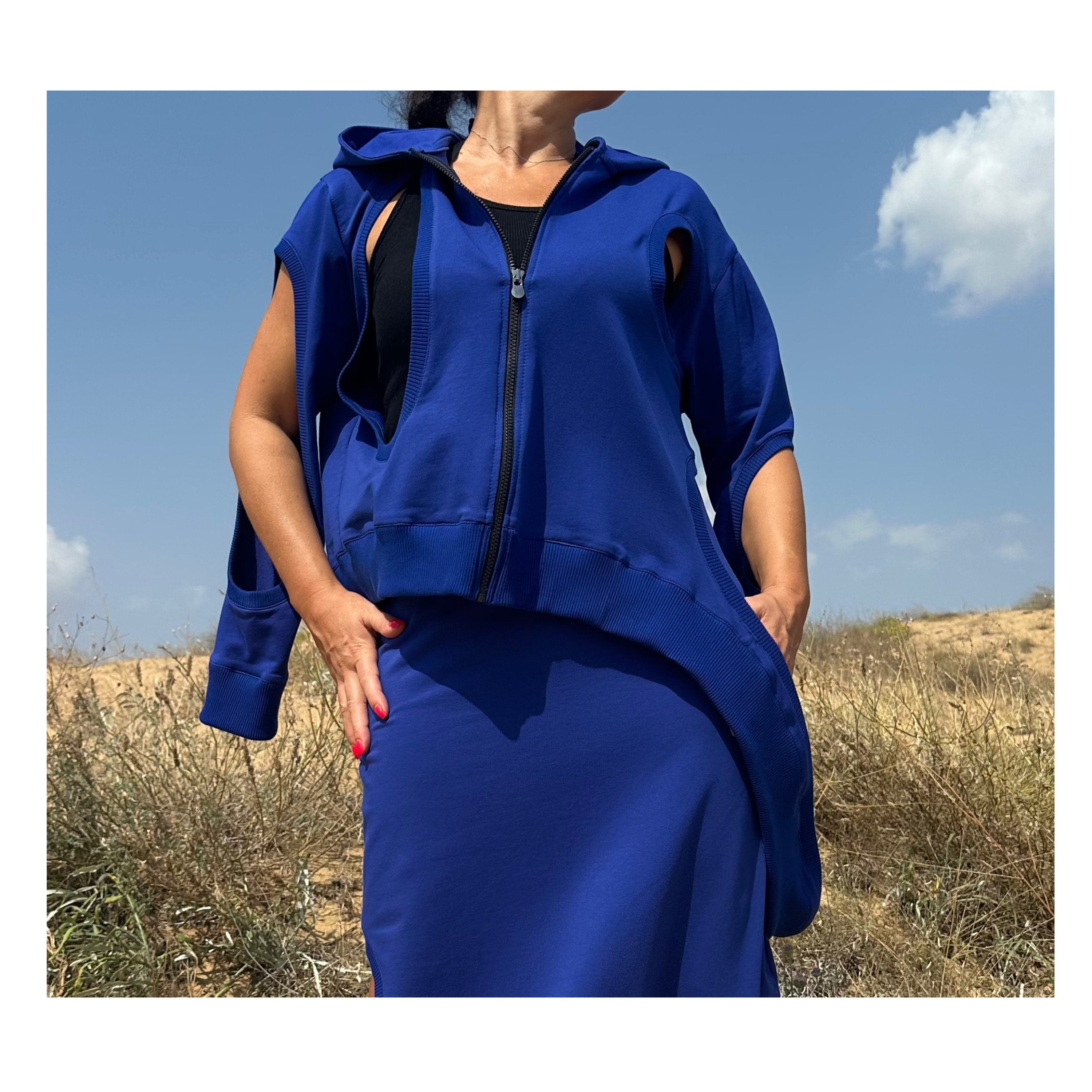 Asymmetric Blue Hoodie with Zipper and Cut-Out Sleeves – Summer & Spring Streetwear
