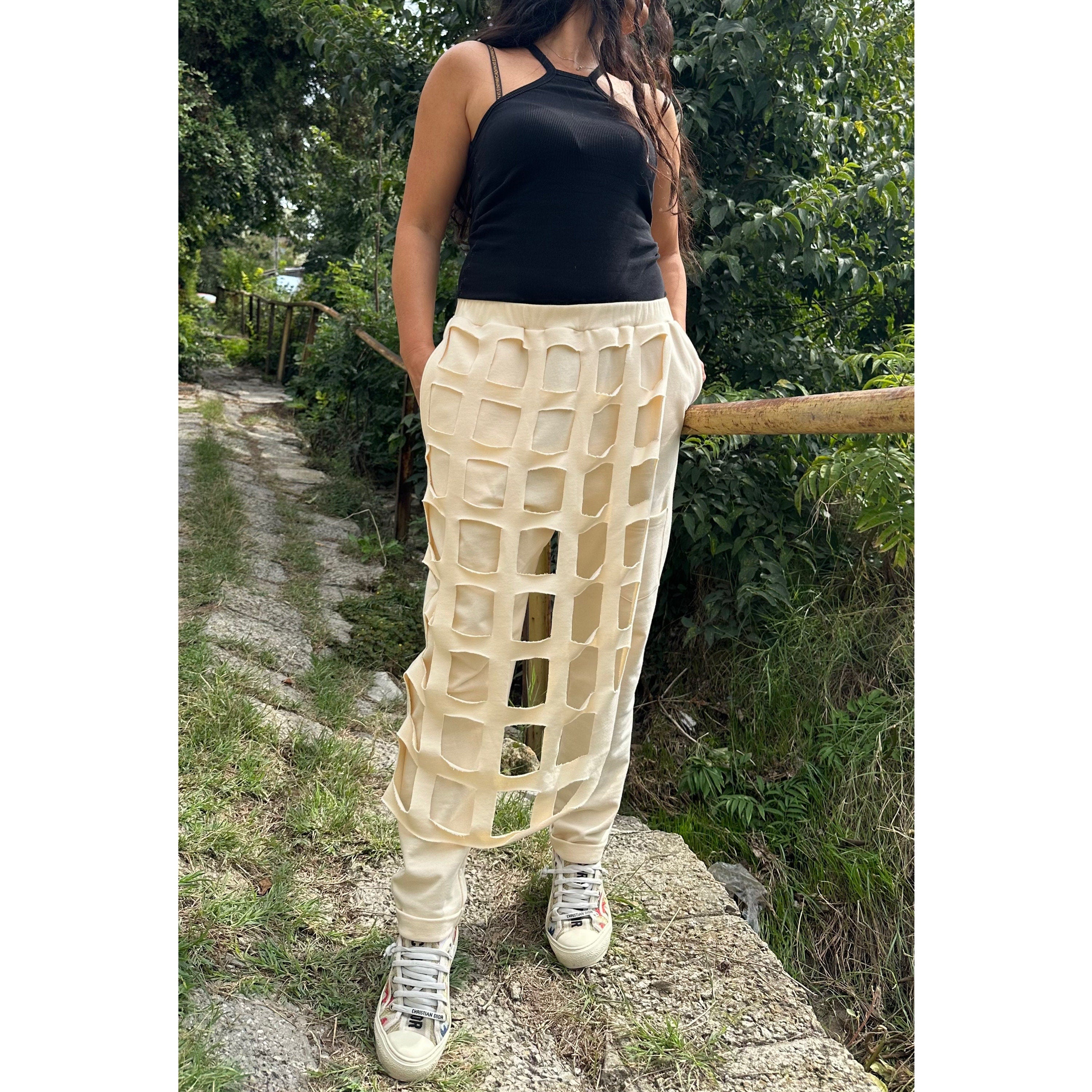 Hand-Cut Cotton Sweatpants – Artistic Grid Design with Elastic Waist and Pockets