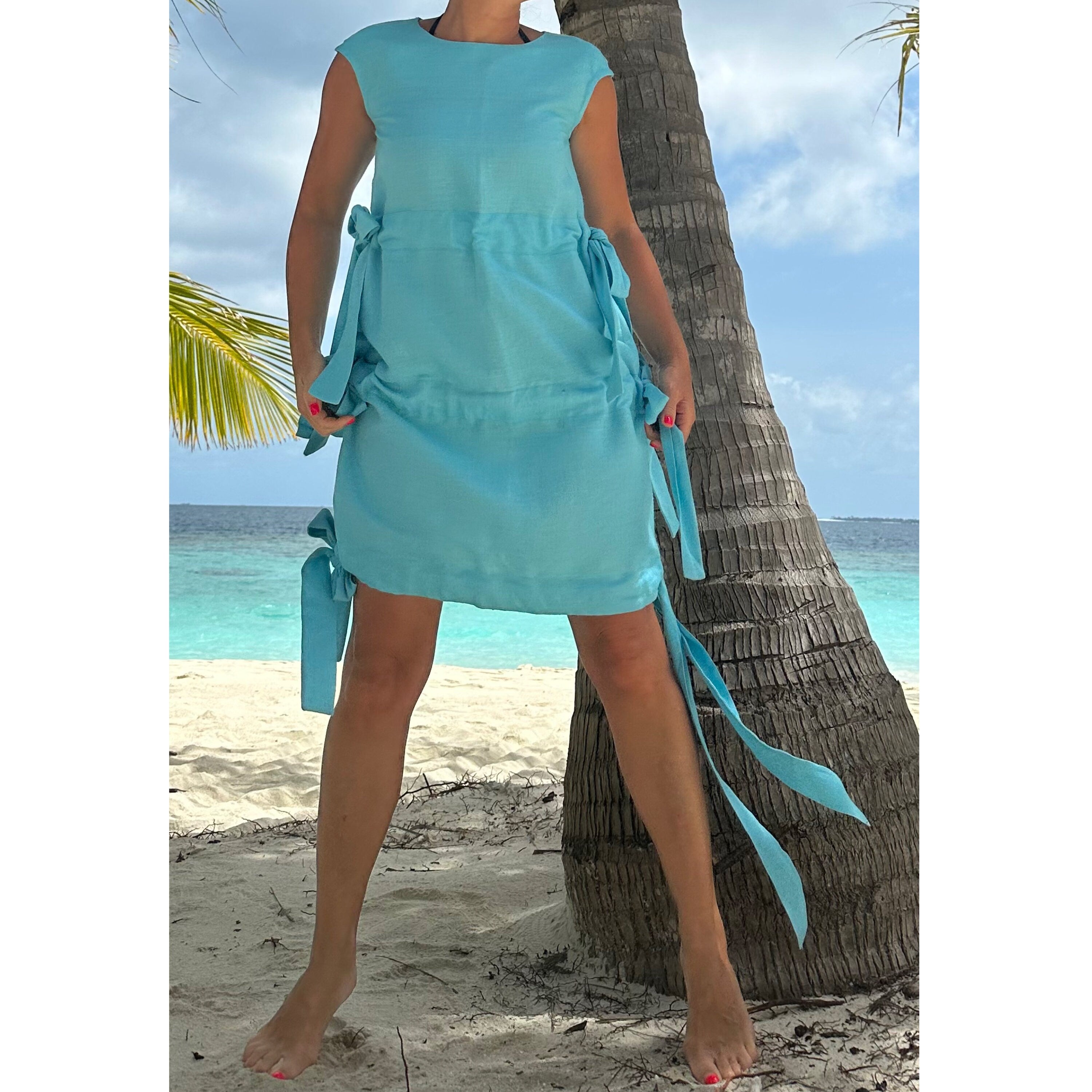 Women’s Light Blue Linen Dress – Sleeveless Summer Tunic with Side Ties / Beachwear Resort