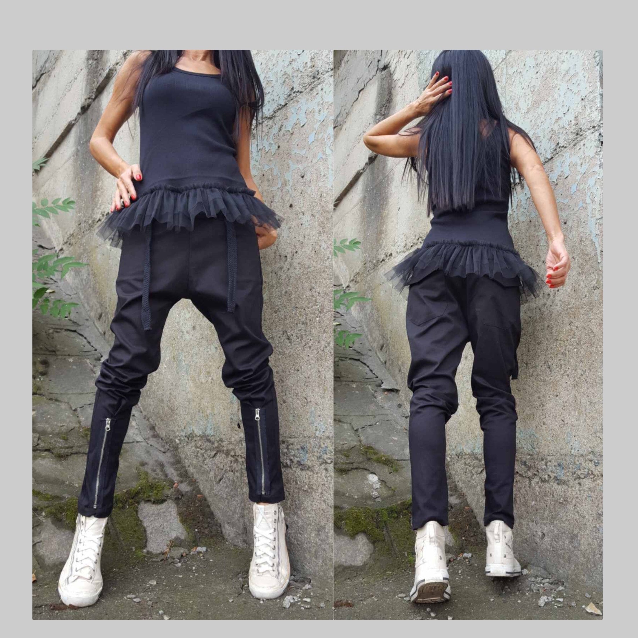 Black Drop-Crotch Cotton Pants – Women’s Relaxed Fit Trousers with Front Zippers, Cord Detail & Elastic Waist / Minimalist Streetwear