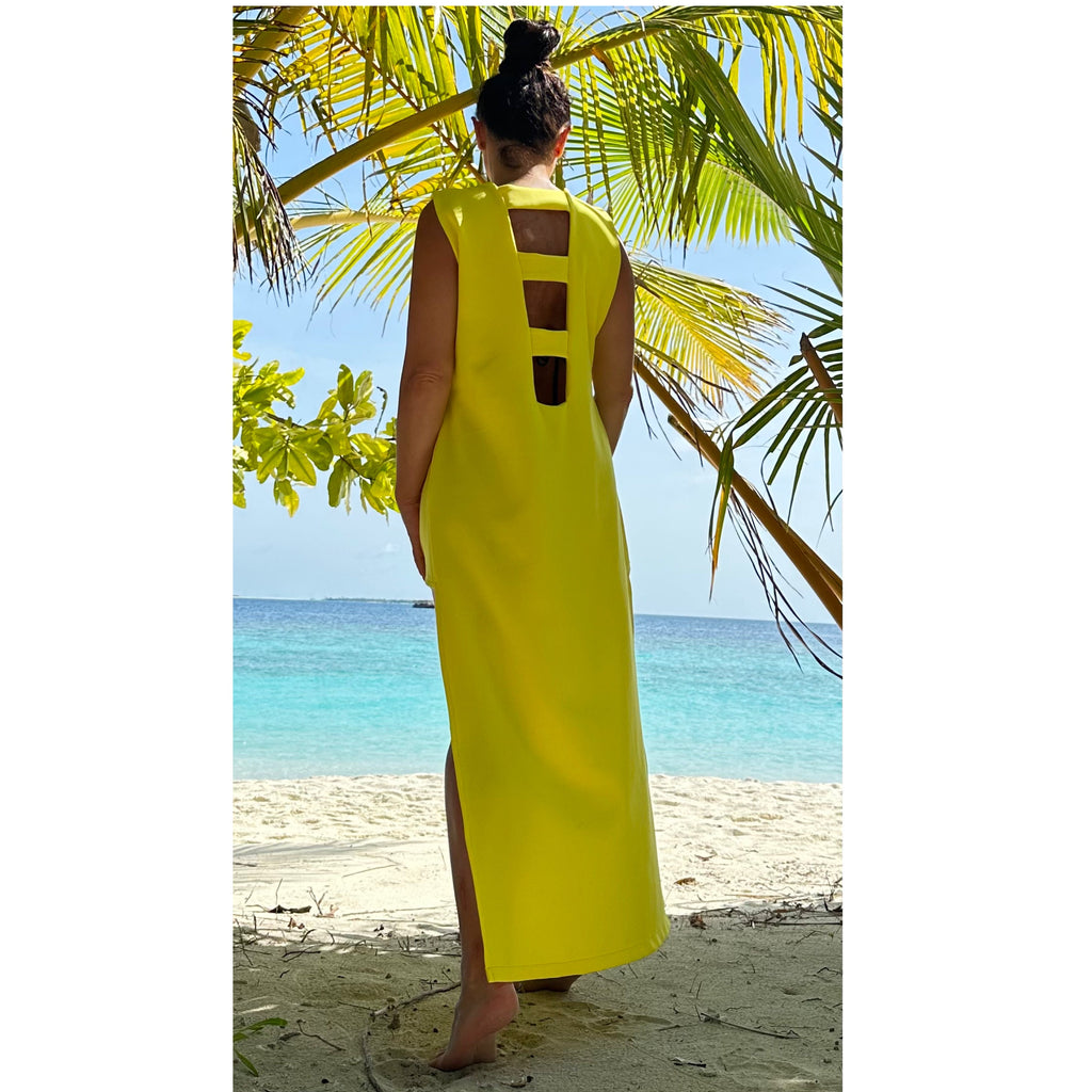 Yellow Cotton Maxi Dress with High Side Slit and Open Back Detail