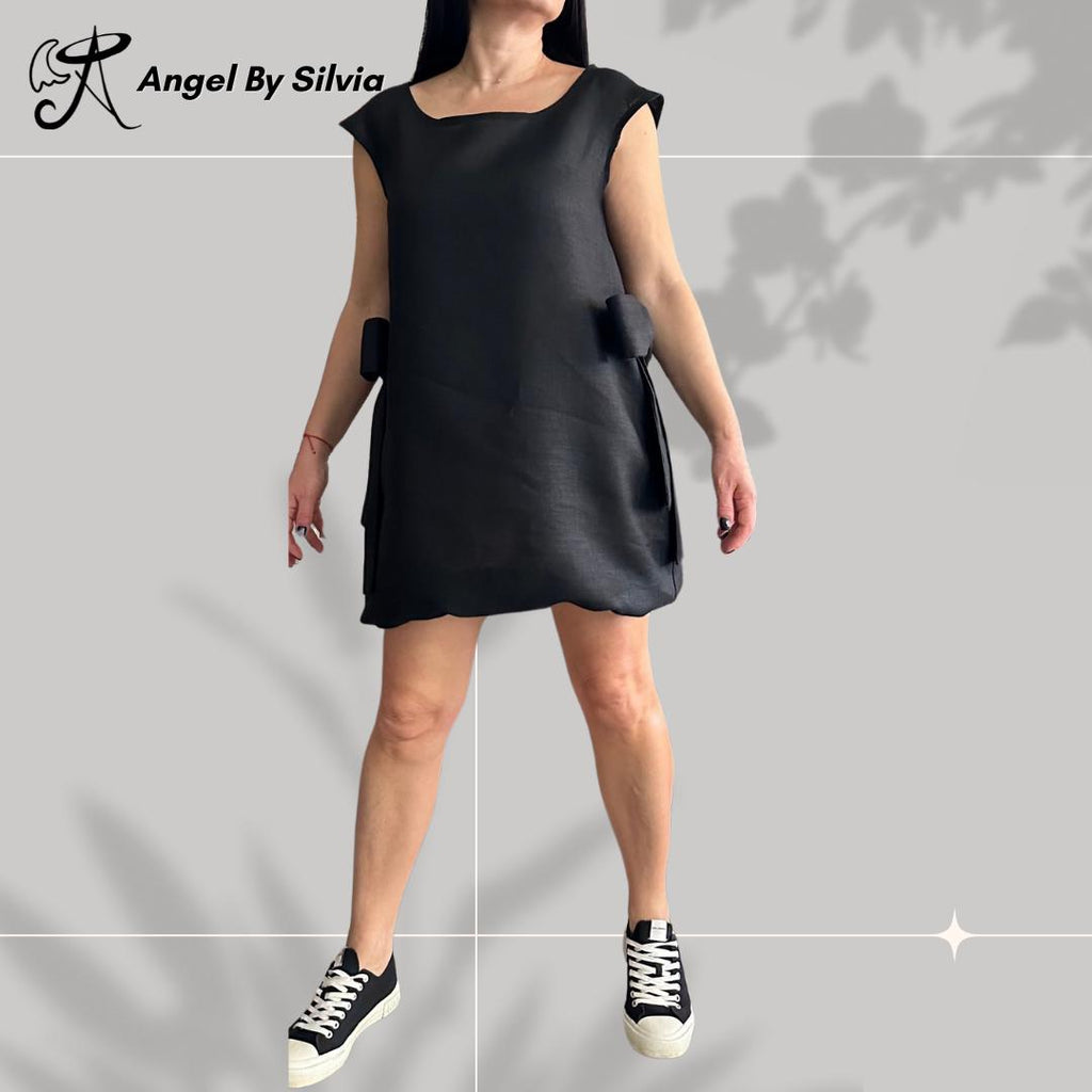 Black Linen Dress – Sleeveless Minimalist Tunic with Side Bows / Women’s Summer Shift Dress