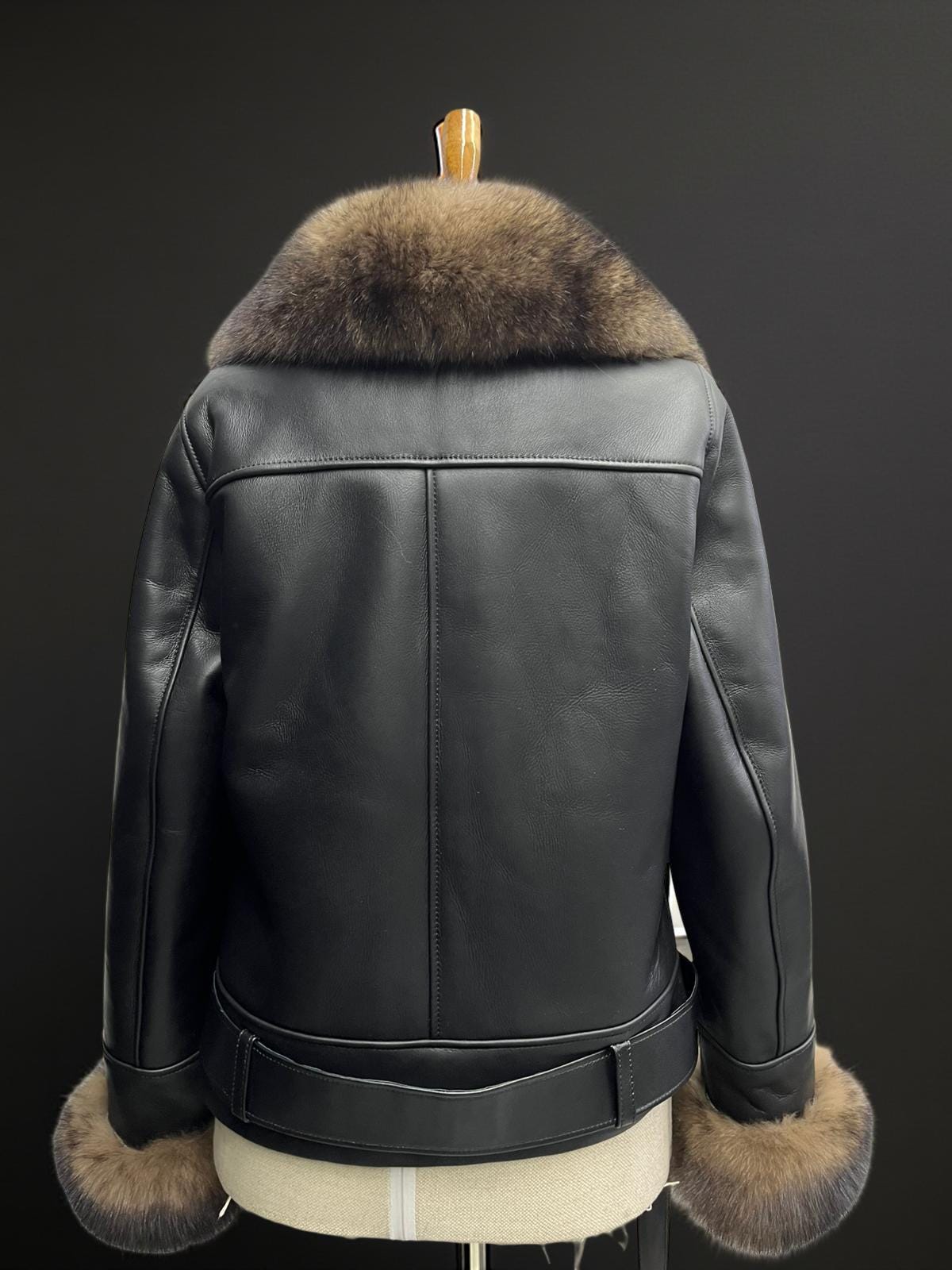 Women’s Winter Leather Coat with Large Fox Fur Collar