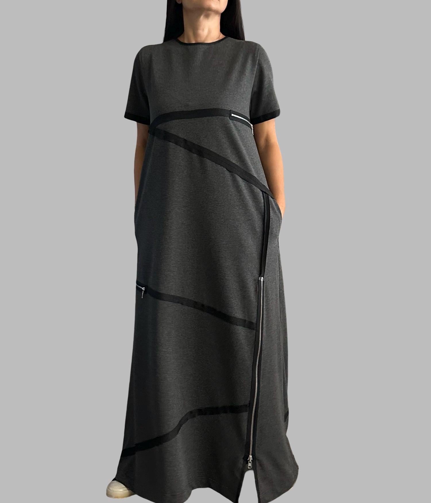 Modern Asymmetrical Maxi Dress / Cotton Urban Dress with Zipper