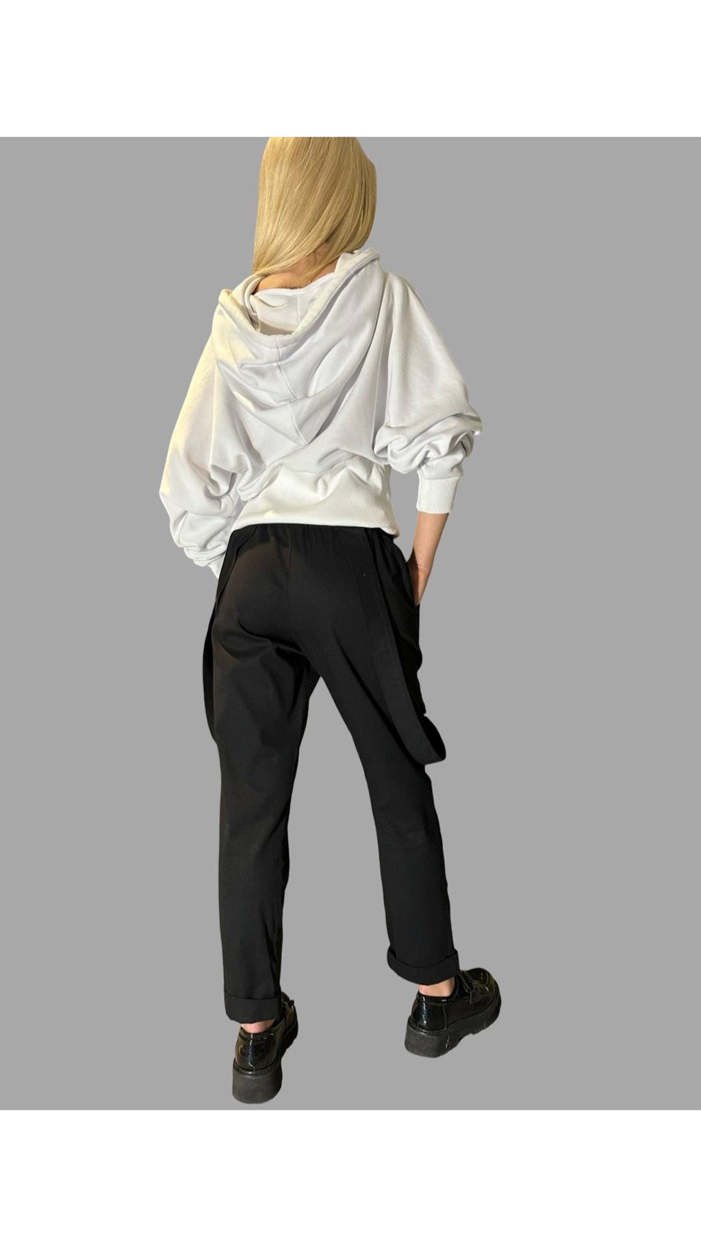 Women’s Black Casual Pants with Straps / Cotton Trousers with Elastic Waist and Buckles / Urban Everyday Pants
