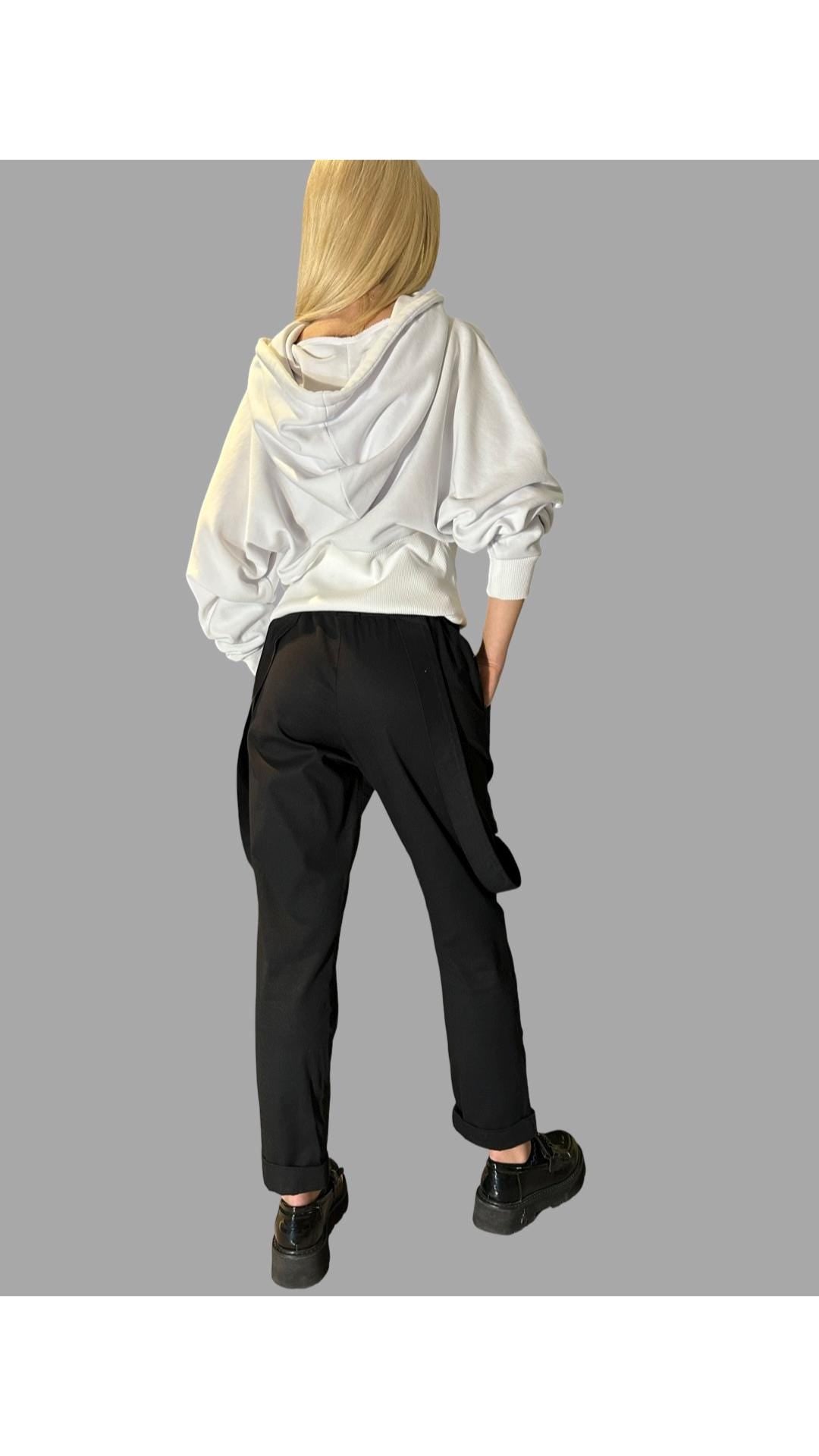 Women’s Black Casual Pants with Straps / Cotton Trousers with Elastic Waist and Buckles / Urban Everyday Pants