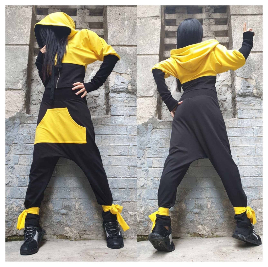 Yellow & Black Cotton Tracksuit – Hooded Crop Jacket / Harem Pants with Pocket