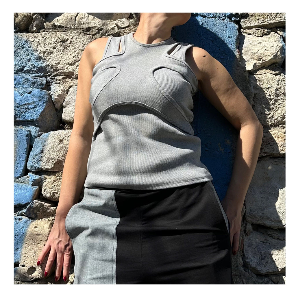 Grey Asymmetric Cotton Tank Top: Extravagant Sleeveless Blouse