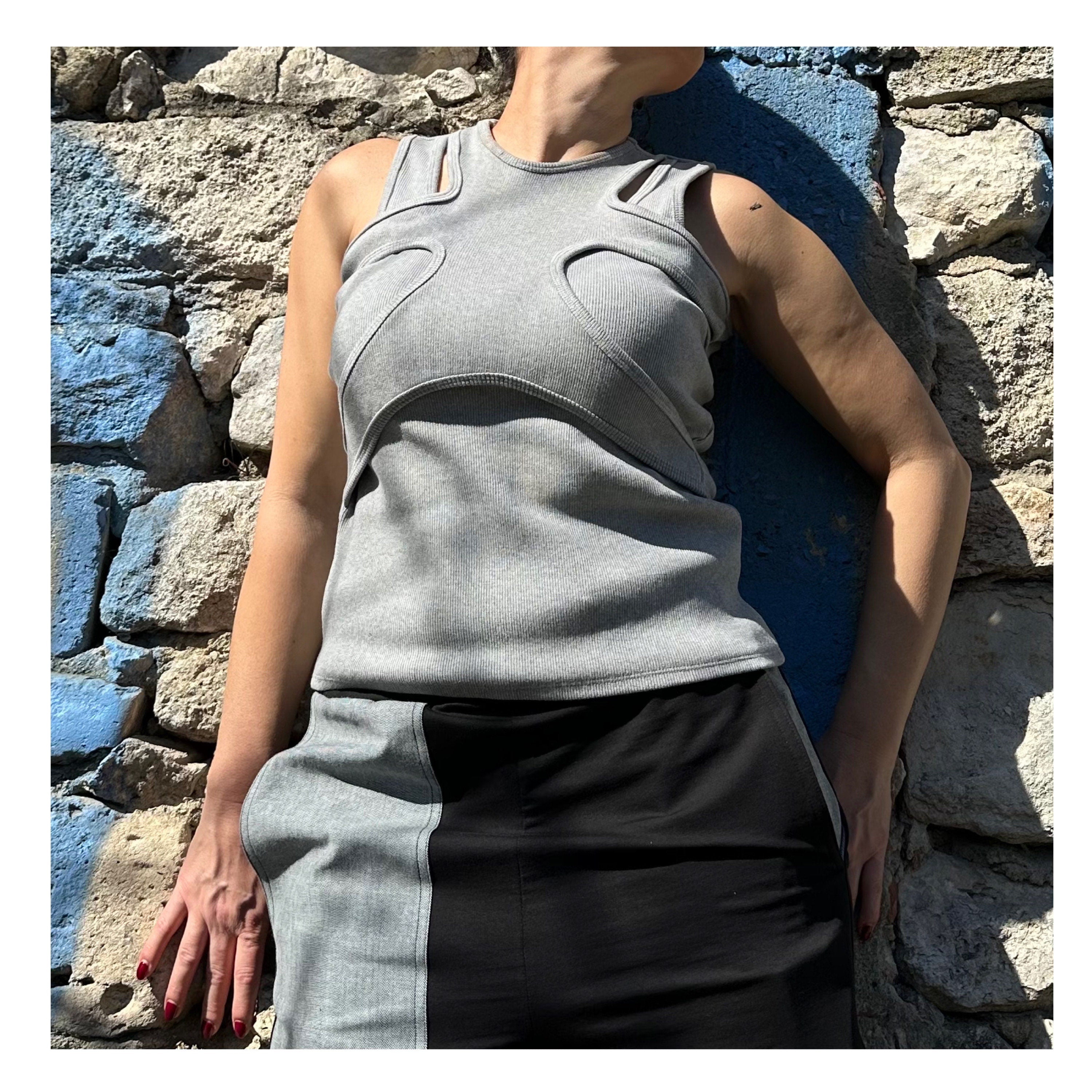 Grey Asymmetric Cotton Tank Top: Extravagant Sleeveless Blouse