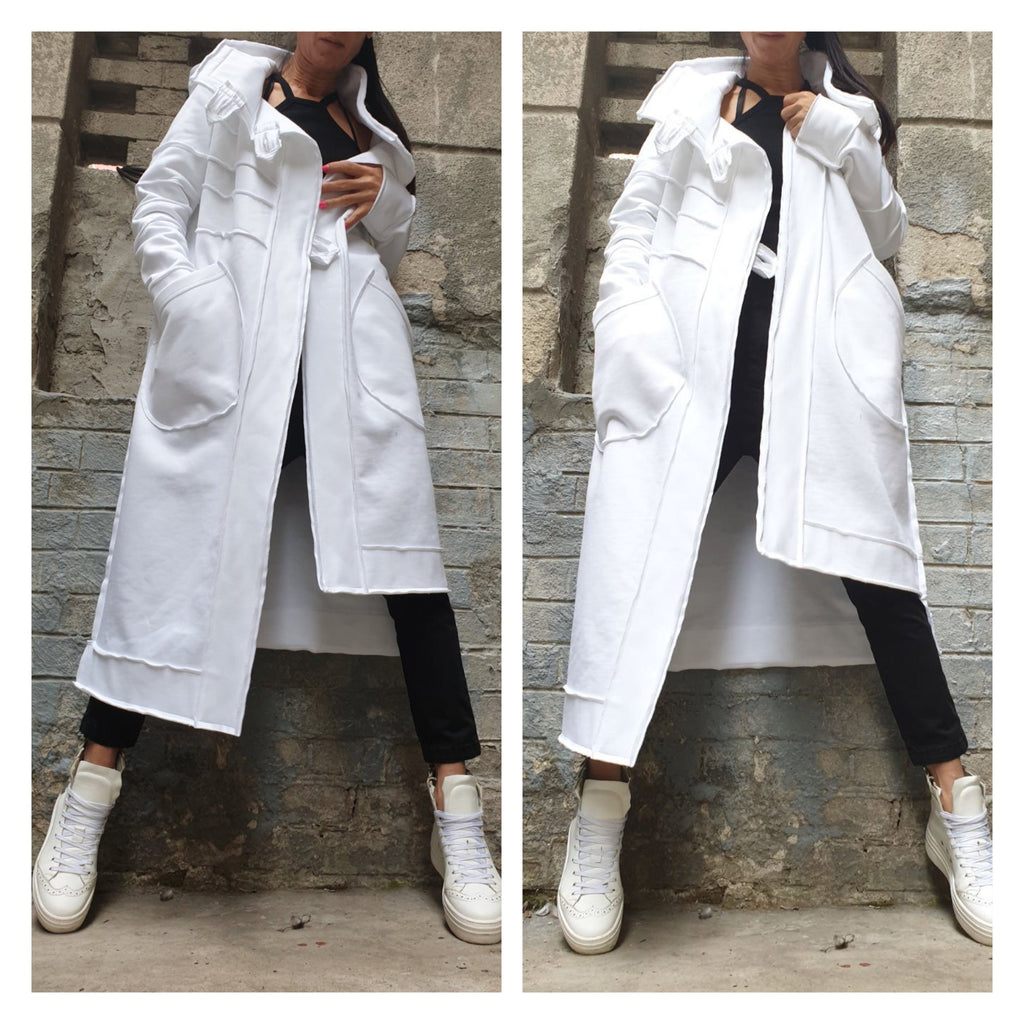 Women’s Long White Asymmetric Vest Coat with Hood – Heavyweight Sweatshirt Fabric