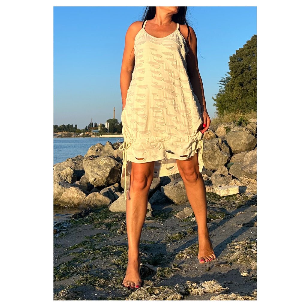 Asymmetric Cotton Summer Dress – Sleeveless Tunic with Drawstring Details