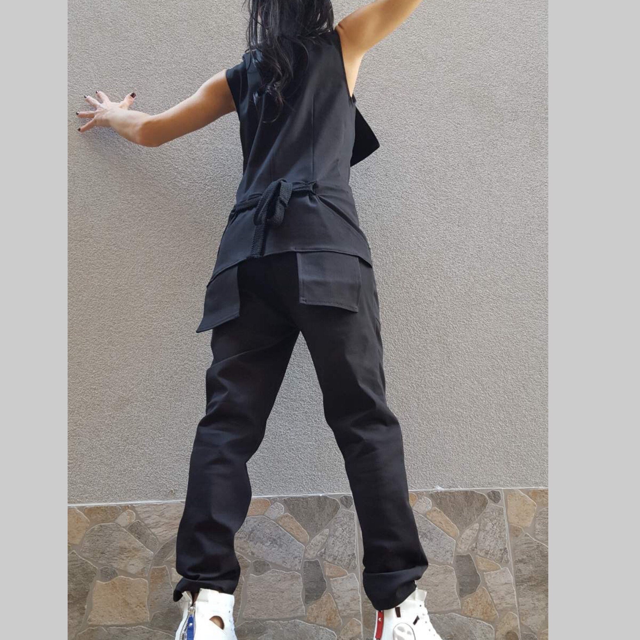 Black Cotton Jumpsuit with Asymmetric Details – Sleeveless Designer Overall