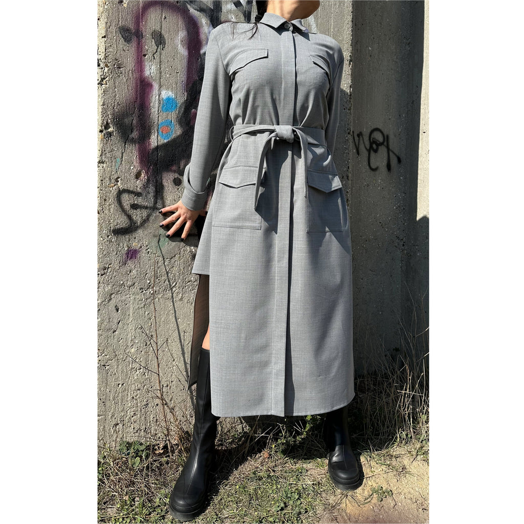 Grey Long Sleeve Shirt Dress: Belted Cotton-Blend Outwear