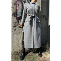 Grey Long Sleeve Shirt Dress: Belted Cotton-Blend Outwear