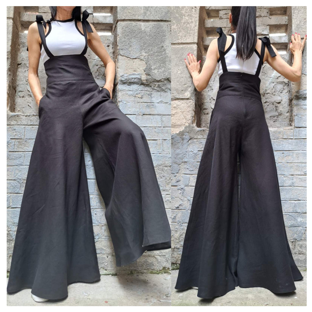 High-Waisted Linen Palazzo Pants with Straps – Wide Leg Linen Trousers for Women / Adjustable Tie Straps , Side Pockets , Zipper Closure