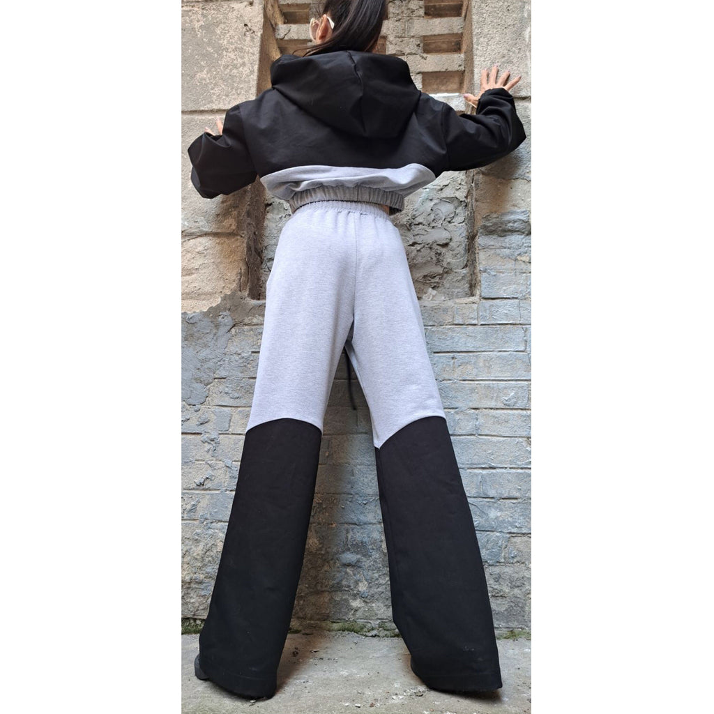 Urban Two-Piece Cotton Set – Cropped Hooded Top & High Waist Pants / Grey and Black Women’s Outfit