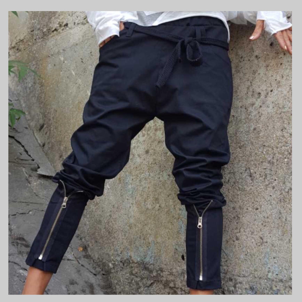 Street Style Black Cotton Pants – Urban Zipper Detail Joggers with Elastic Waist