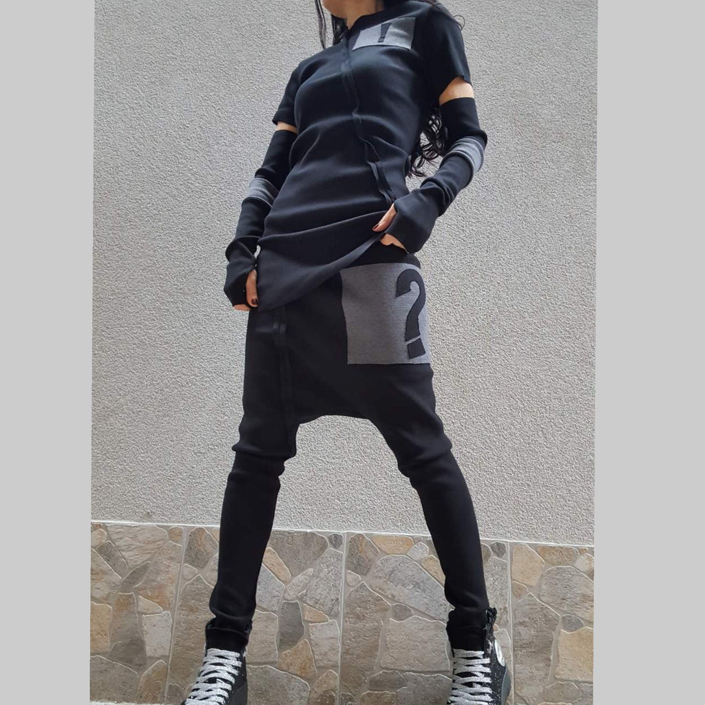 Black Cotton Rib Knit Tracksuit Set – Asymmetric Top with Separate Sleeves & Drop Crotch Pants