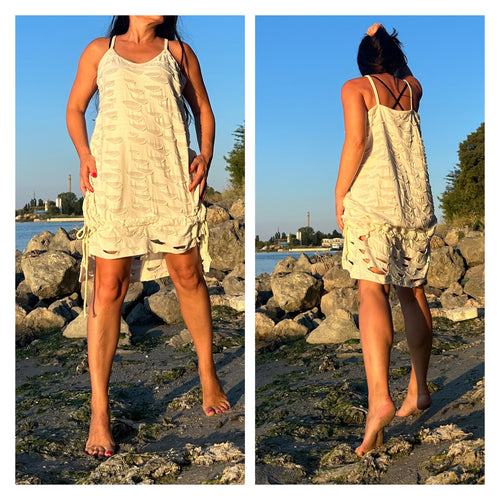 Asymmetric Cotton Summer Dress – Sleeveless Tunic with Drawstring Details