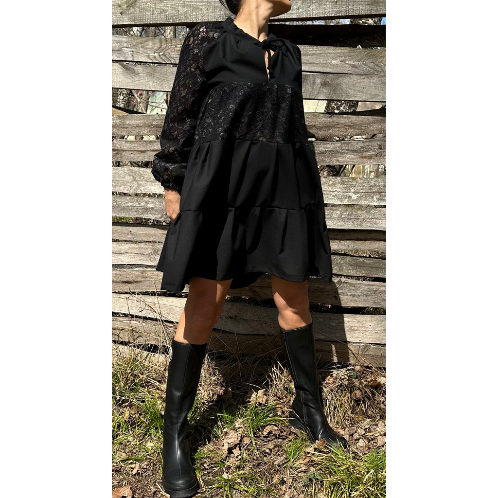 Black Tunic with Lace and Cotton – Long Sleeve Tiered Design / Boho Chic Handmade Dress