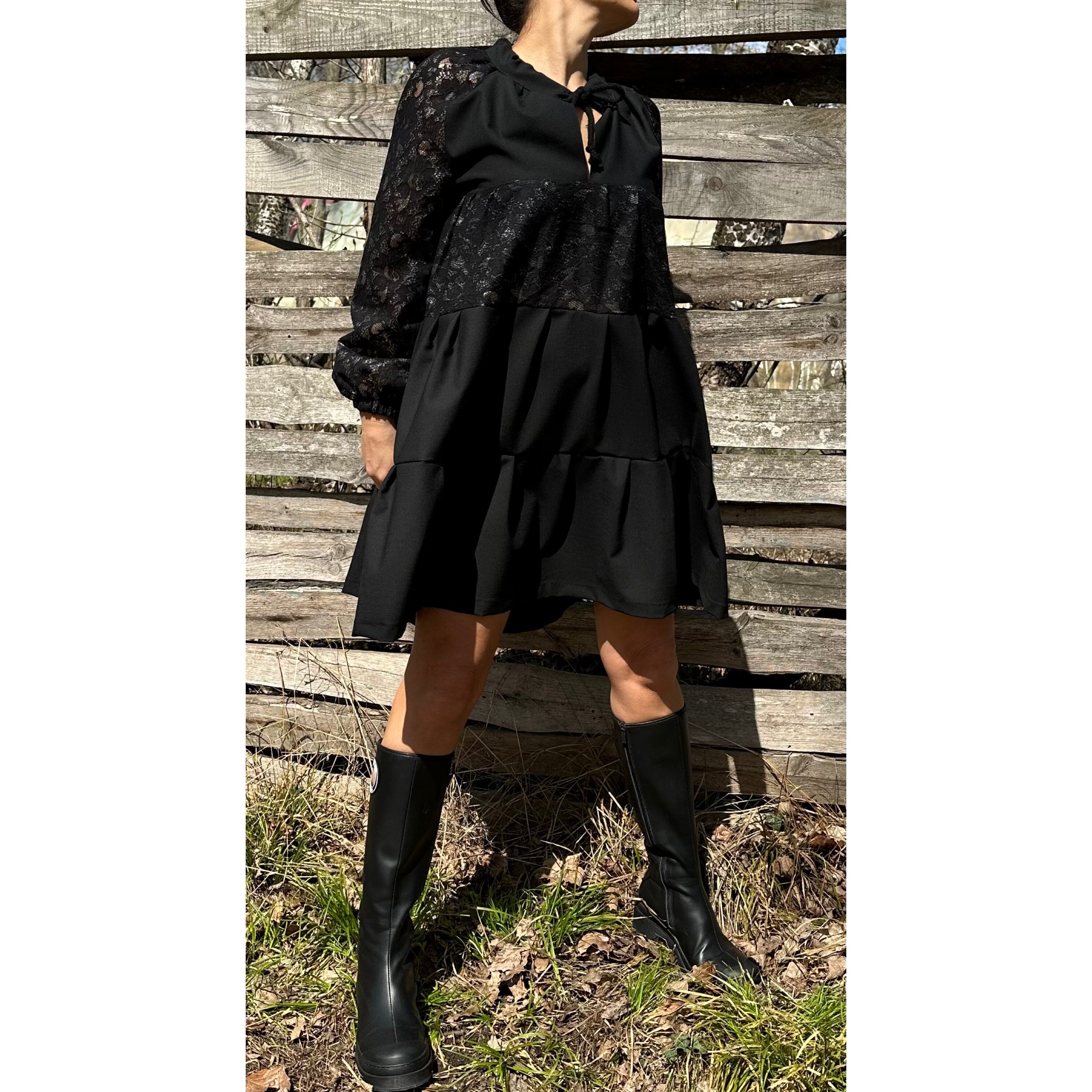 Black Tunic with Lace and Cotton – Long Sleeve Tiered Design / Boho Chic Handmade Dress
