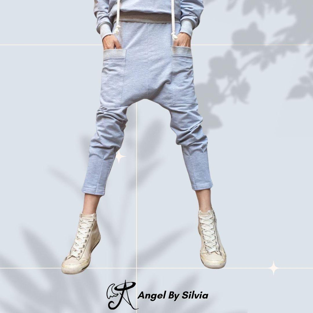 Sporty Grey Harem Pants – Women’s Cotton Jogger with Drop-Crotch & Elastic Waist