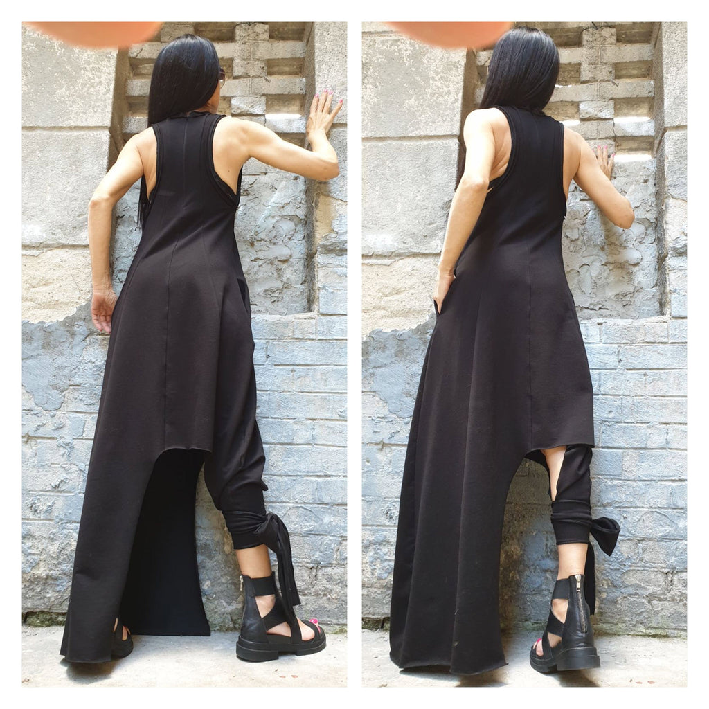 Asymmetrical Black Sleeveless Dress – Avant-Garde Cotton Maxi with Side Pockets