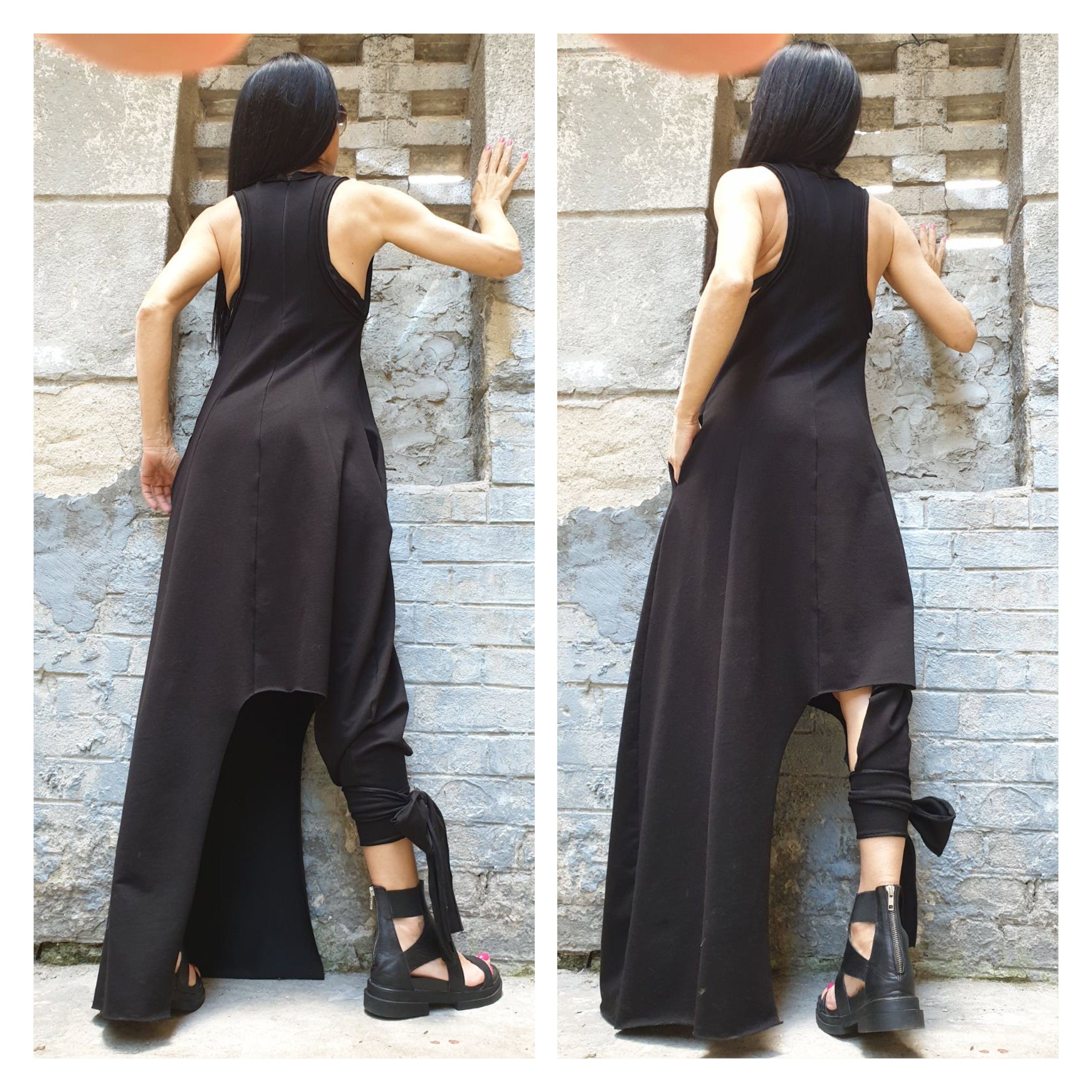 Asymmetrical Black Sleeveless Dress – Avant-Garde Cotton Maxi with Side Pockets
