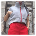 Cotton Short Sleeve Blouse: Warm Grey Top with Red Zipper Vest