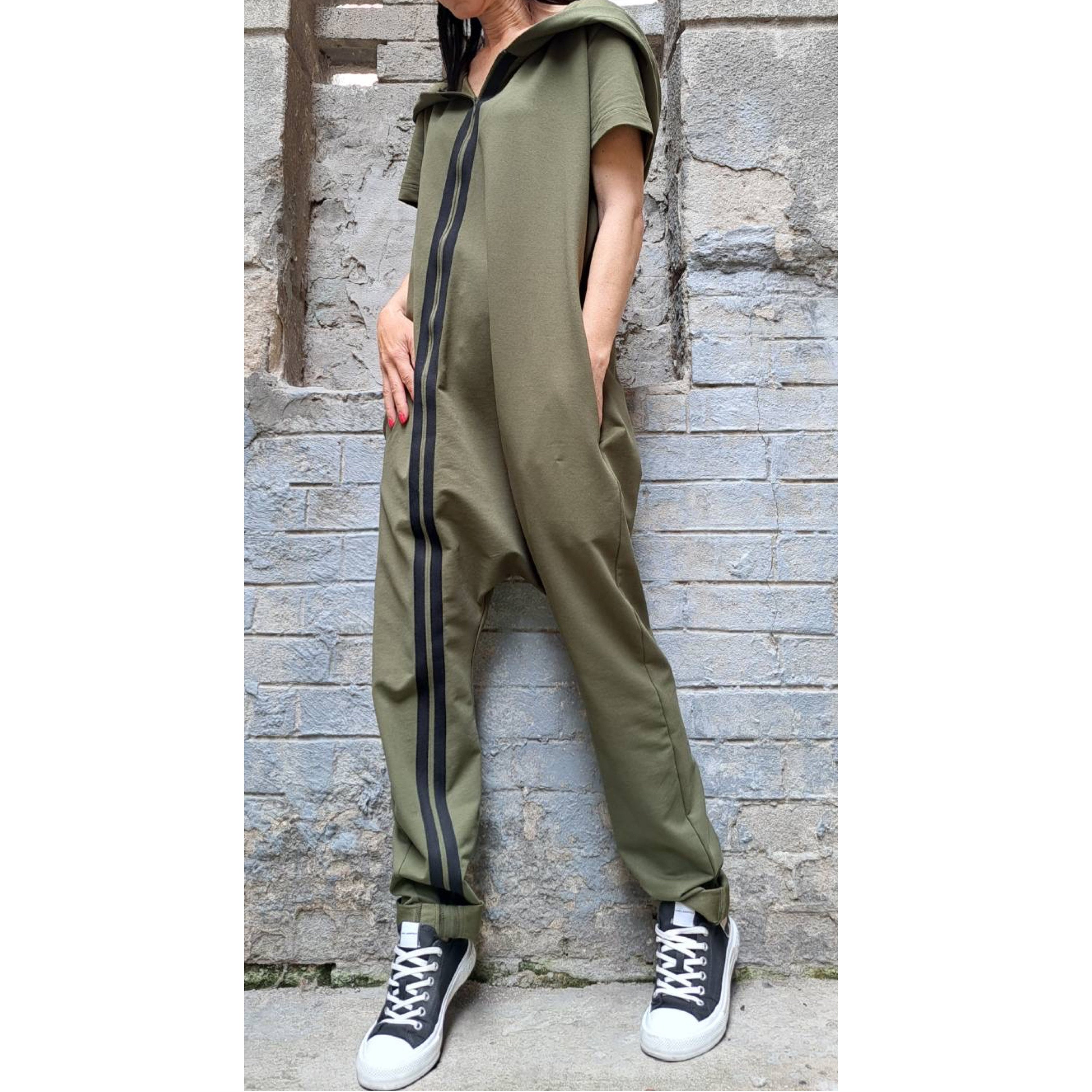 Women’s Hooded Harem Jumpsuit – Short Sleeve Urban Overall with Zipper / Cotton Streetwear Romper / Baggy Drop-Crotch Jumpsuit