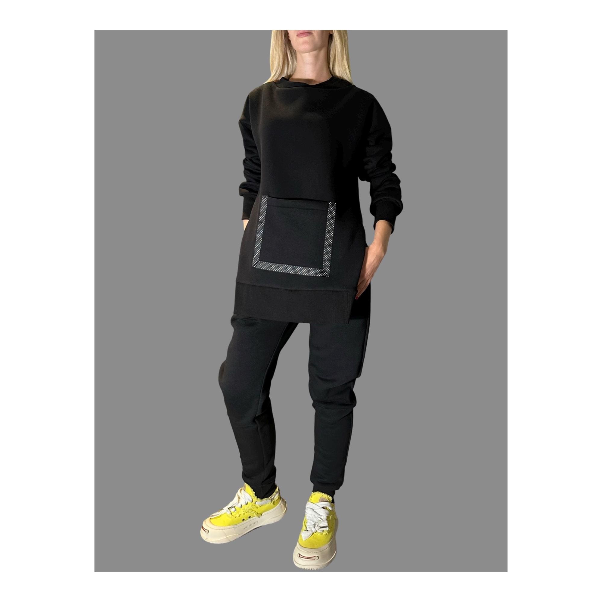 Women’s Winter Fleece Set – Asymmetric Sweatshirt & High-Waisted Joggers / Thick Three-Thread Cotton Tracksuit / Warm Black Two-Piece Outfit