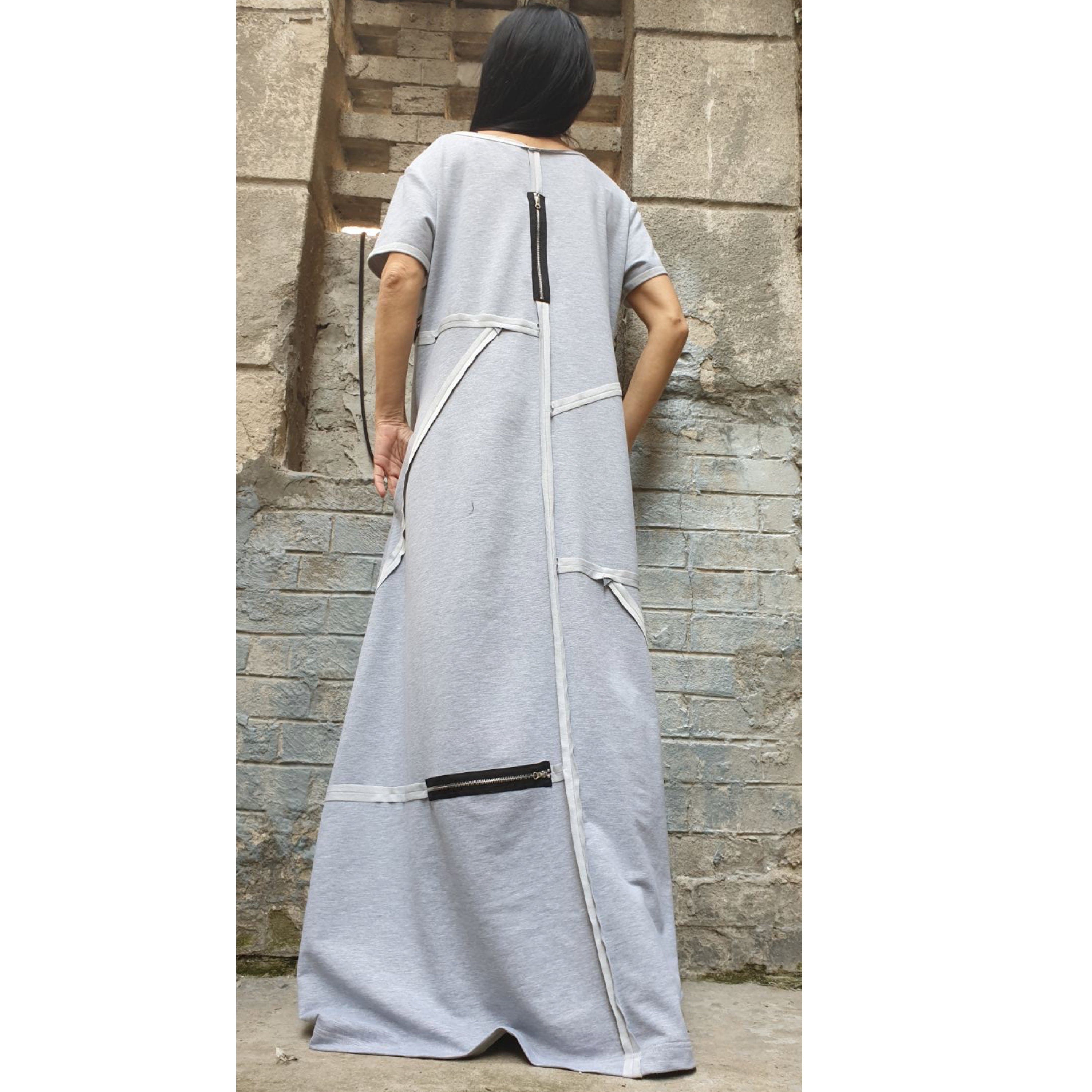 Grey Maxi Designer Dress – Avant-Garde Cut Dress with Zippers & Exposed Seams / Cotton Fleece Jersey / Oversized Architectural Dress XS–5XL