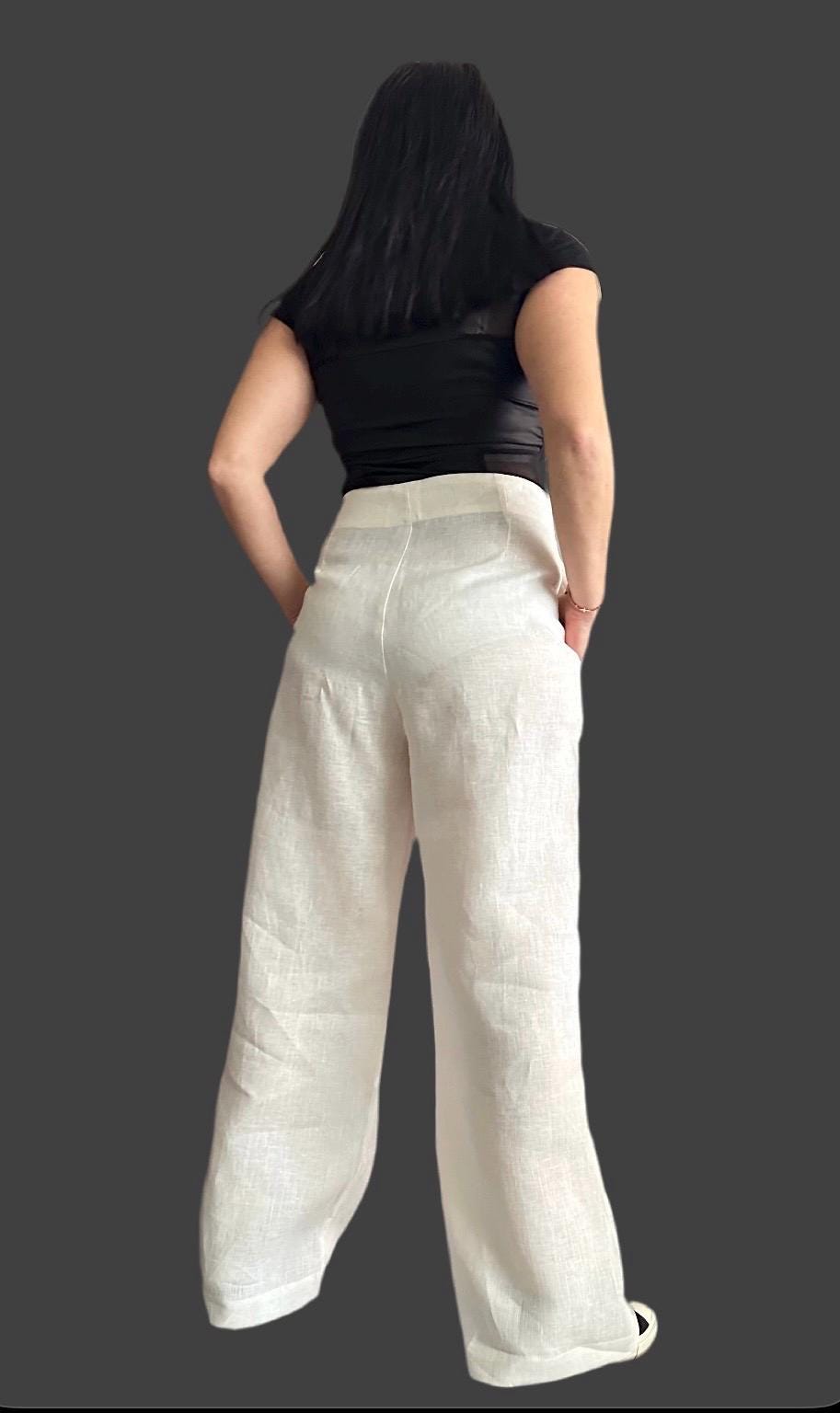 Linen Wide Leg Pants / Asymmetric High Waist Summer Trousers