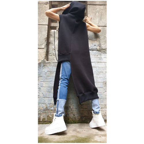 Asymmetric Hooded Vest – Long Sleeveless Fleece Coat with Zipper and Front Pockets