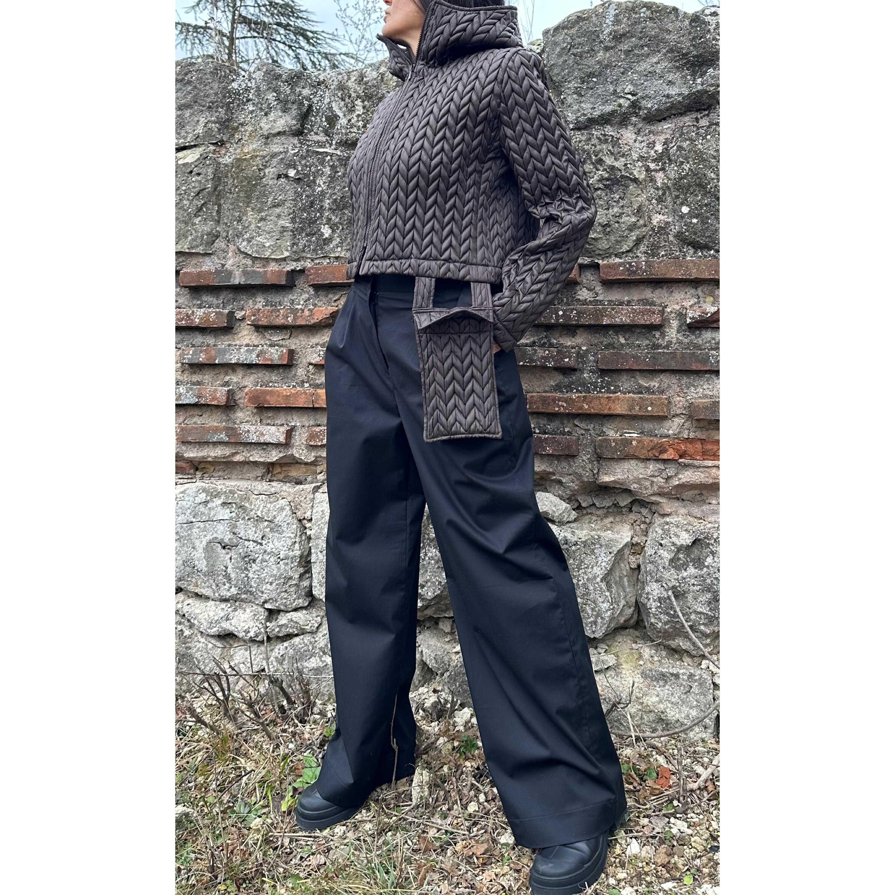 Brown Quilted Neoprene Jacket with Hood and Zipper – Asymmetric Designer Coat