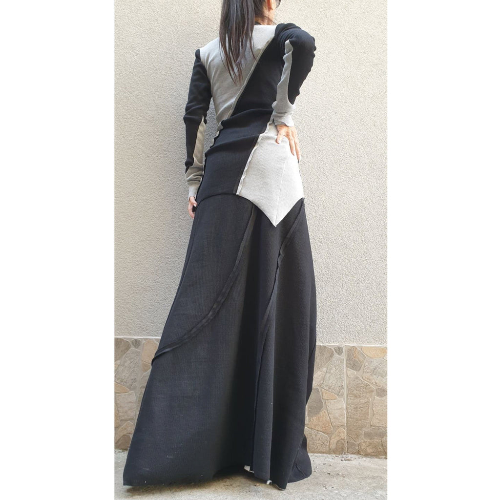 Asymmetric Cotton Set – Long Sleeve Top and Maxi Skirt / Black Grey Two-Piece Outfit / Avantgarde Women’s Clothing