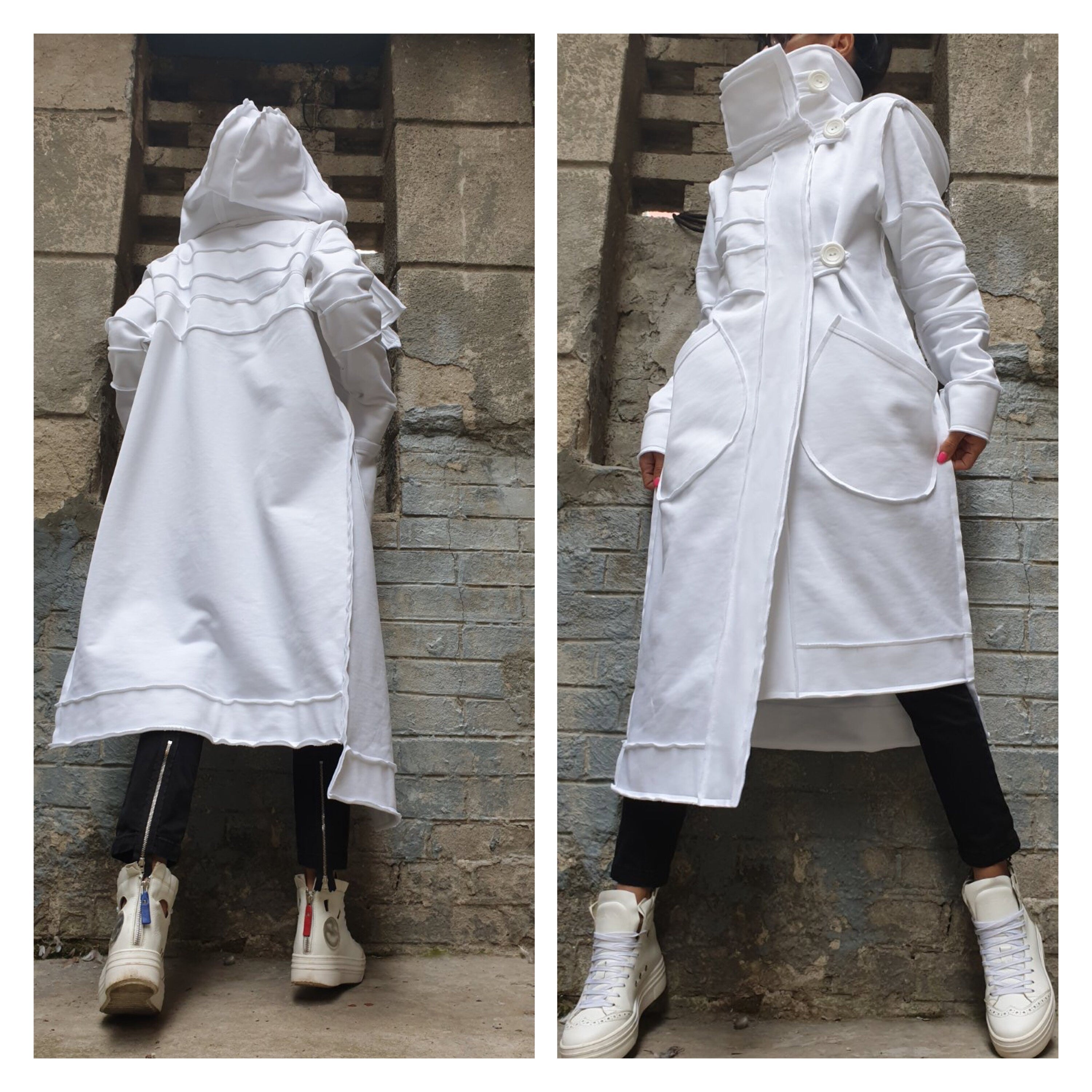 Women’s Long White Asymmetric Vest Coat with Hood – Heavyweight Sweatshirt Fabric