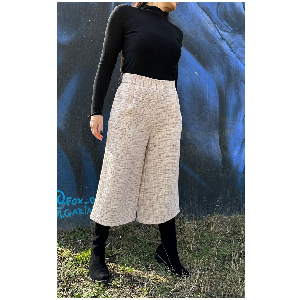 High Waist Beige Culottes: Wide Leg Cropped Pants