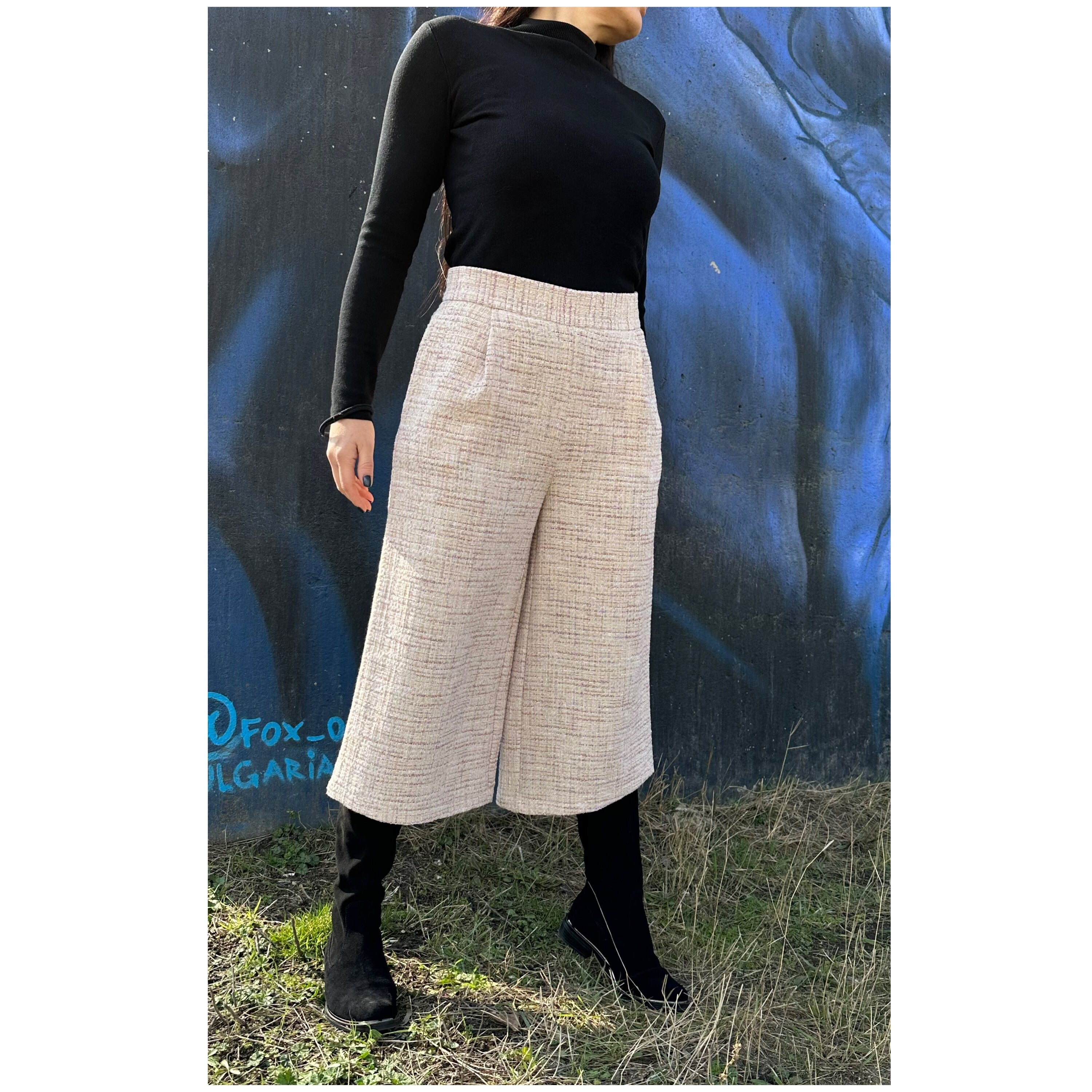 High Waist Beige Culottes: Wide Leg Cropped Pants