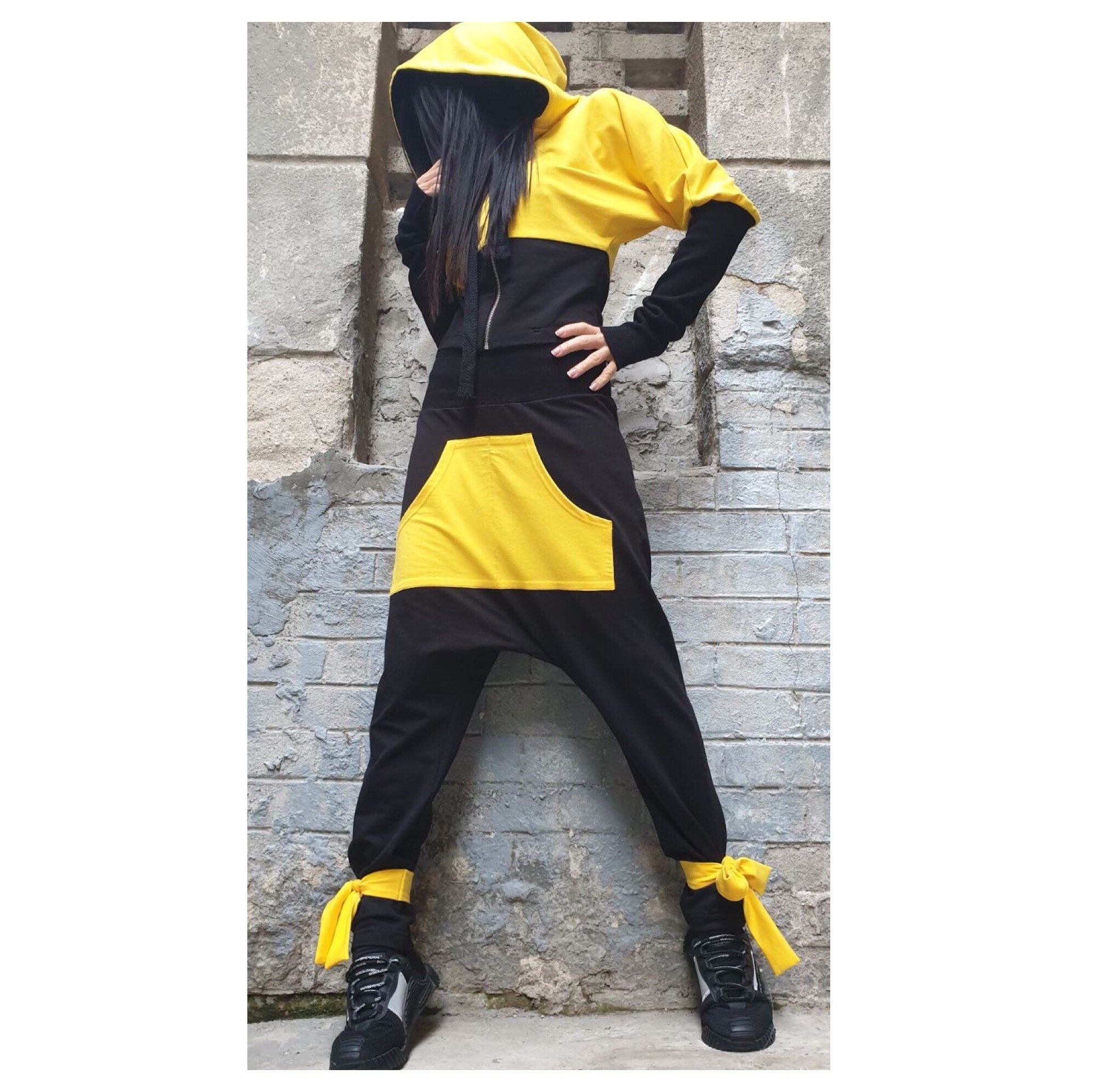 Yellow & Black Cotton Tracksuit – Hooded Crop Jacket / Harem Pants with Pocket
