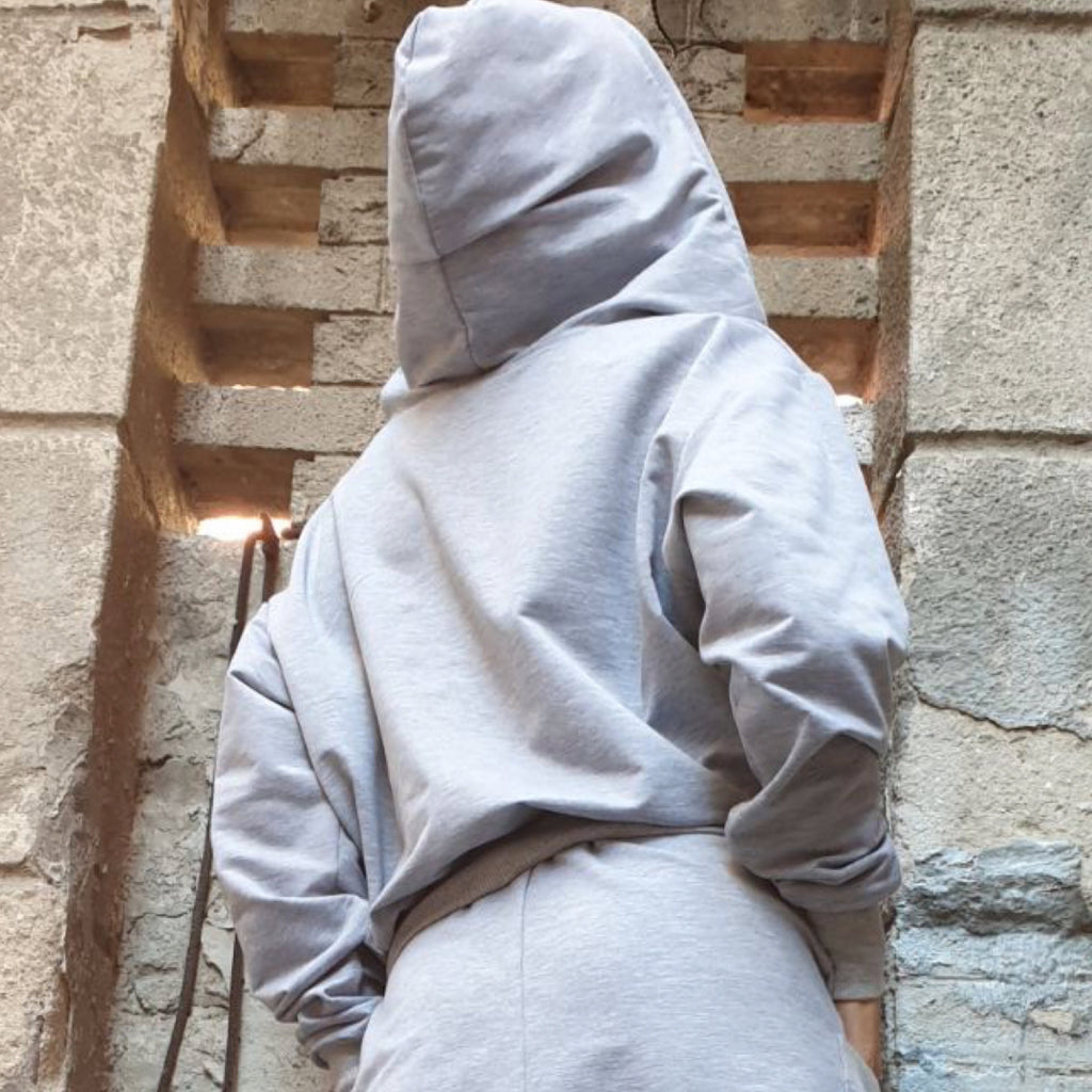 Cotton Hooded Blouse: Sport Elegant Grey Long Sleeve Top