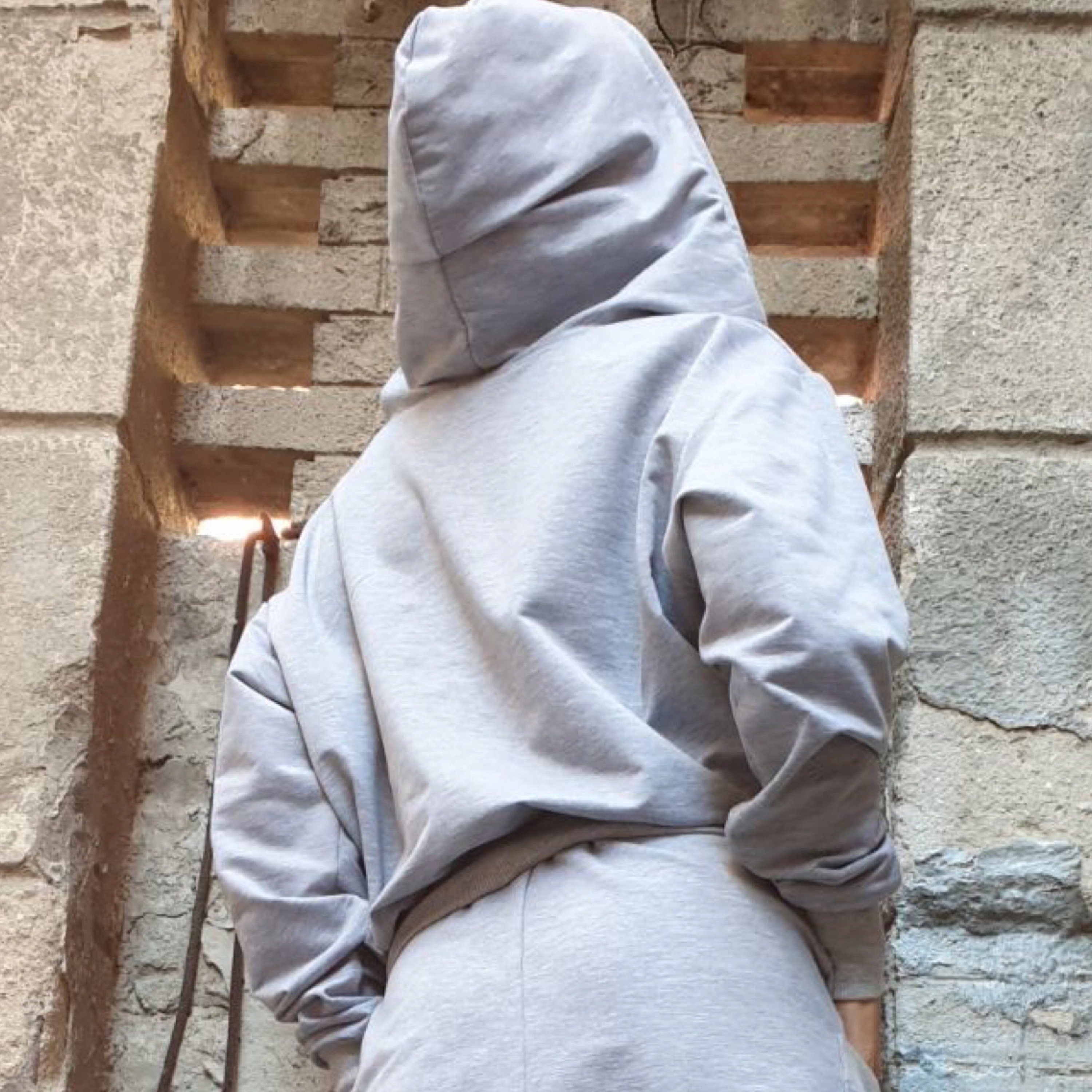 Cotton Hooded Blouse: Sport Elegant Grey Long Sleeve Top