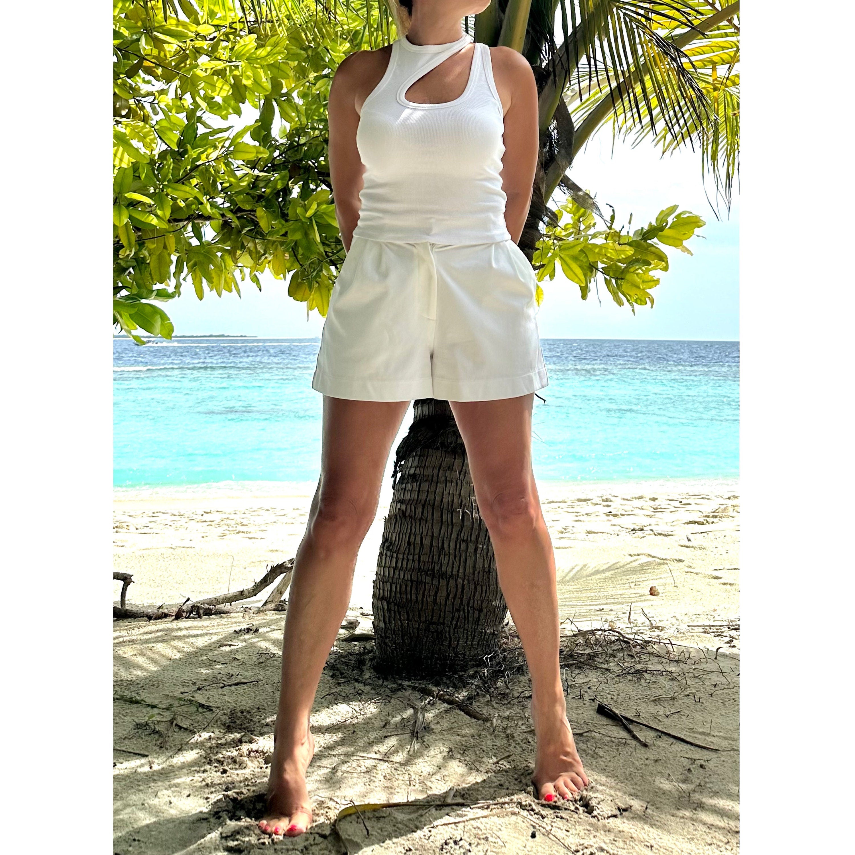 Asymmetric White Cotton Tank Top: Double Strap Sleeveless Beach Wear