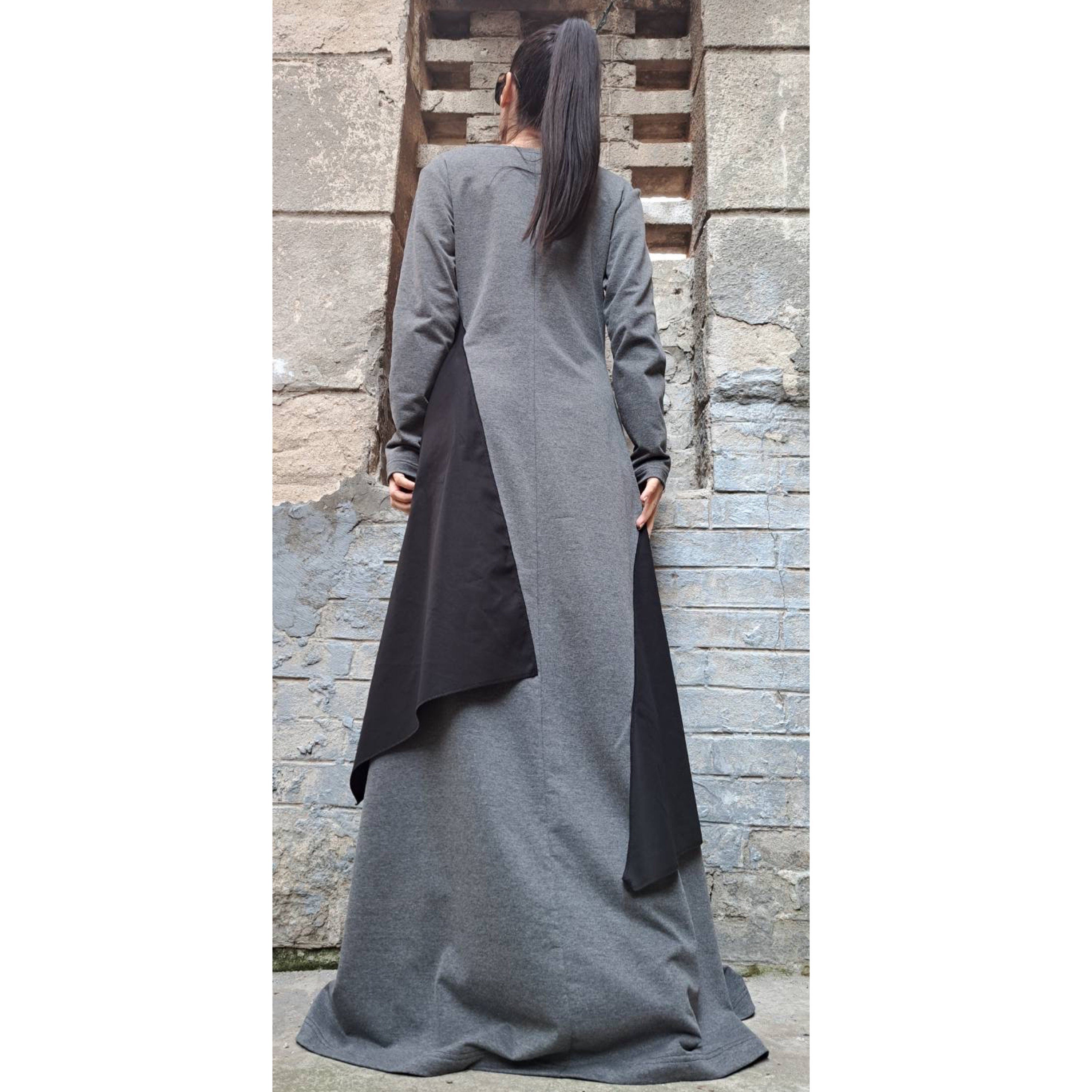 Asymmetrical Maxi Cotton Dress – Long Sleeve Grey Dress with Black Panels / Minimalist A-Line Kaftan / Handmade Casual Loose Dress