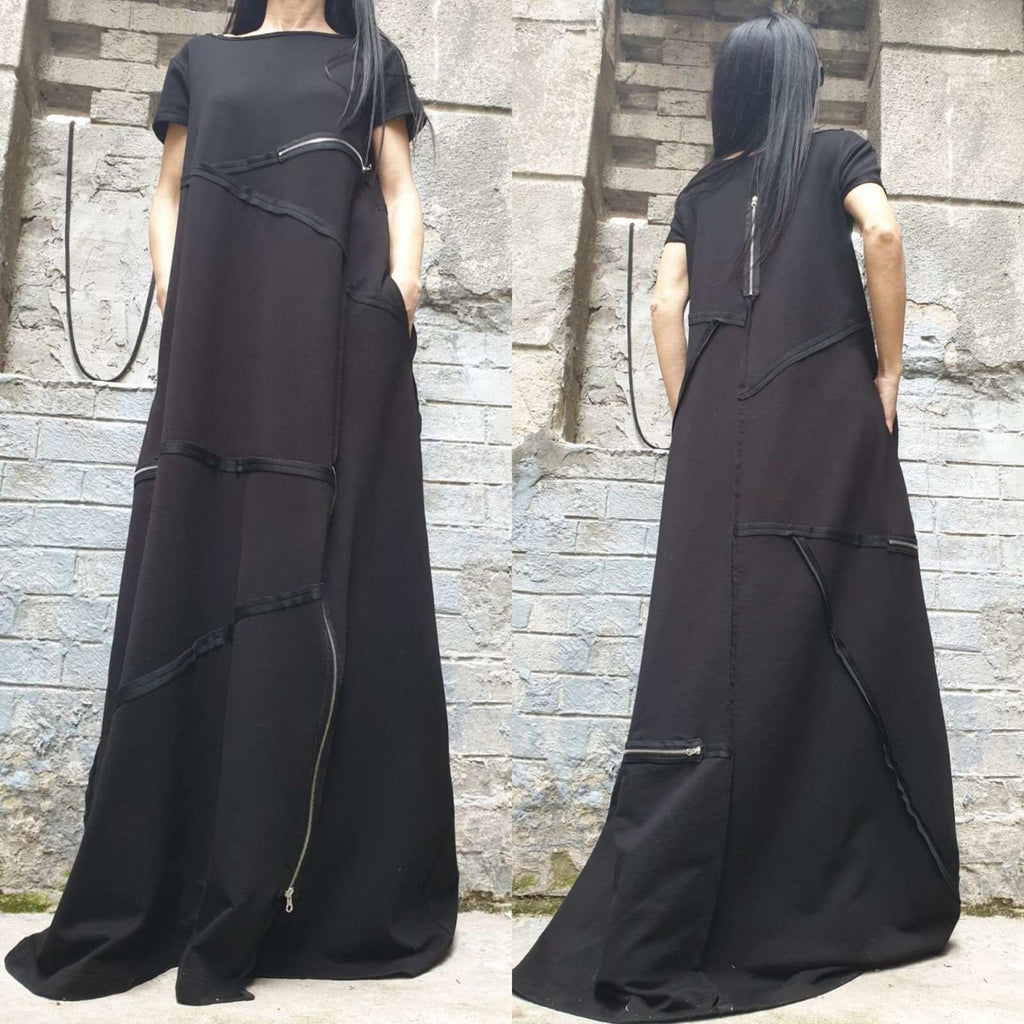 Black Maxi Designer Dress – Avant-Garde Cut Dress with Zippers & Exposed Seams / Cotton Fleece Jersey / Oversized Architectural Dress XS–5XL