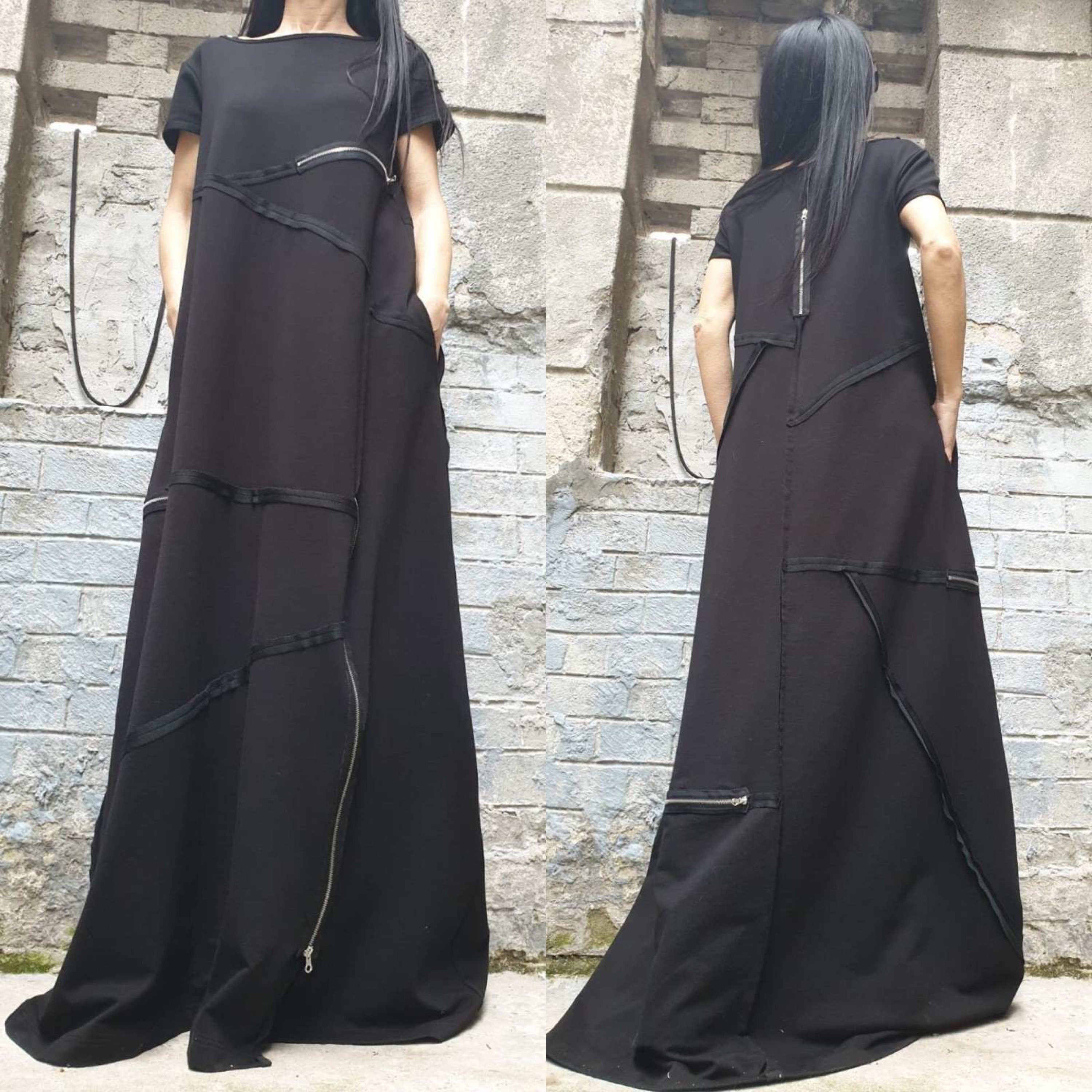 Black Maxi Designer Dress – Avant-Garde Cut Dress with Zippers & Exposed Seams / Cotton Fleece Jersey / Oversized Architectural Dress XS–5XL