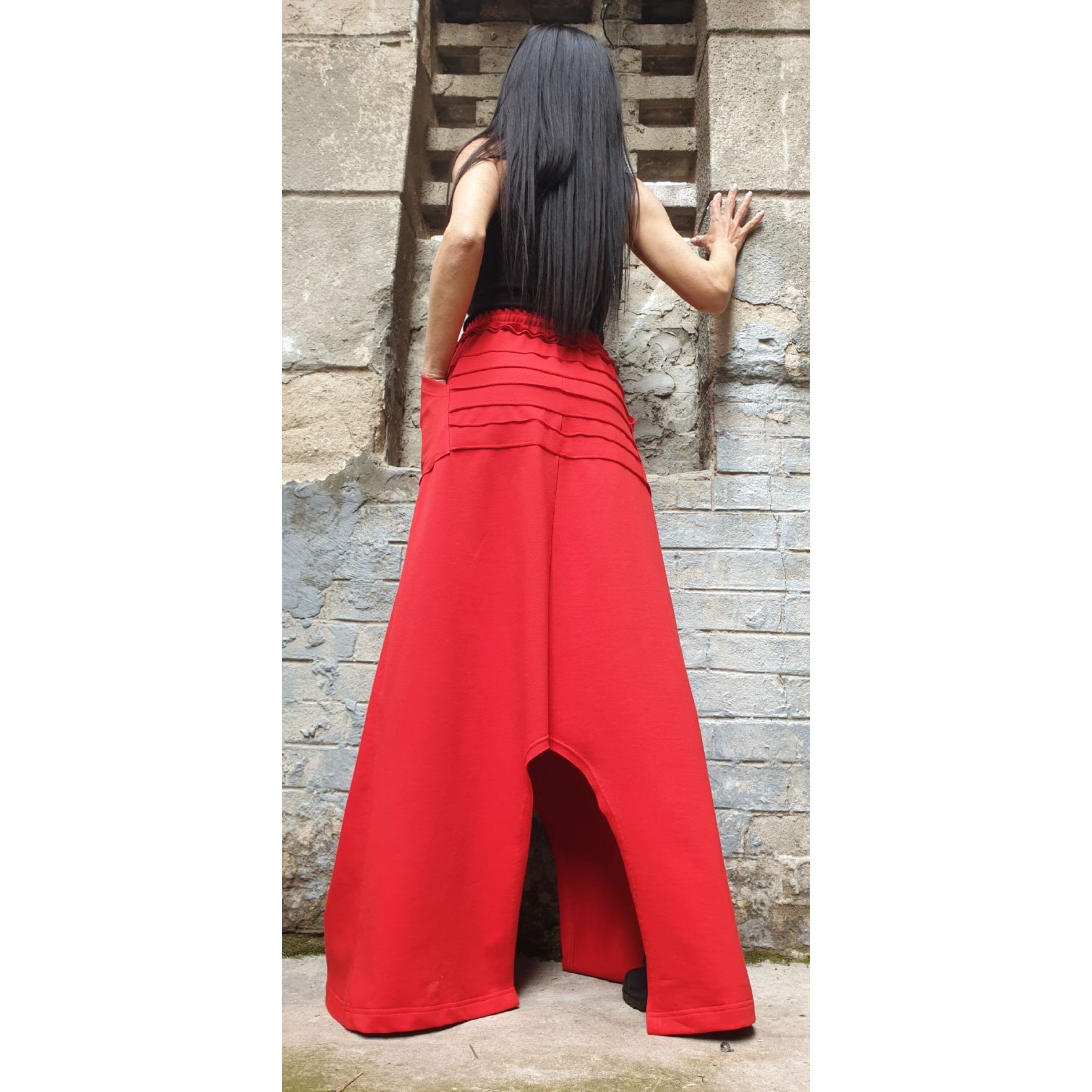 Asymmetrical Red Maxi Skirt / High Waist Cotton Skirt with Pockets / Avant-Garde Style
