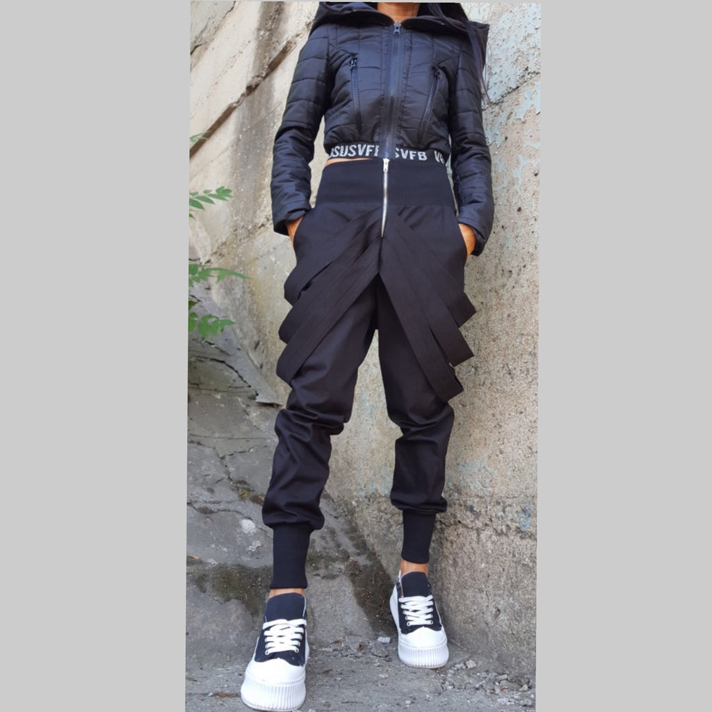 Asymmetric High Waist Black Cotton Pants with Zipper / Avant-Garde Harem Trousers with Ribbed Waist
