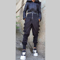 Asymmetric High Waist Black Cotton Pants with Zipper / Avant-Garde Harem Trousers with Ribbed Waist